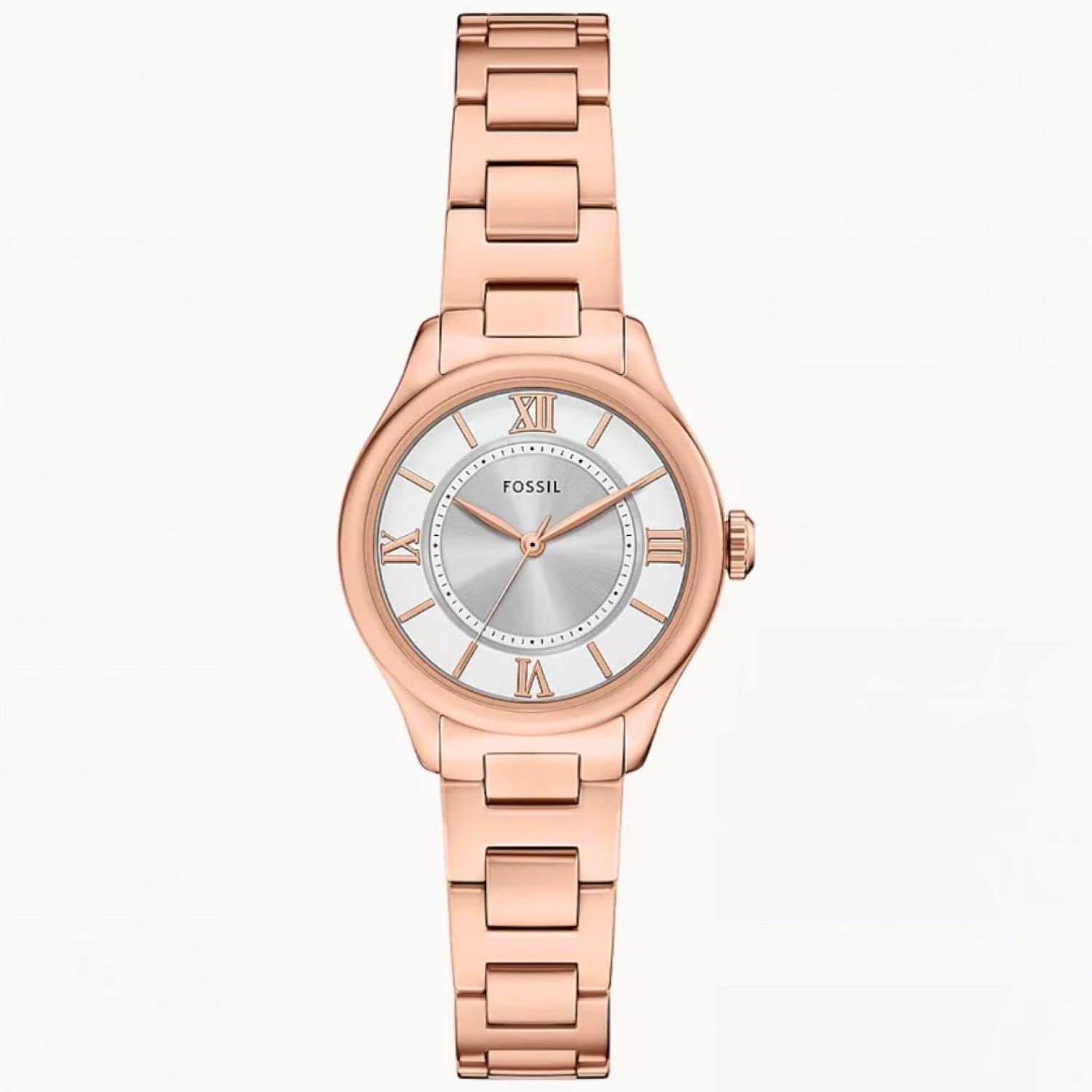 Fossil Gilmore ES5420 womens rose gold watch featuring a silver dial and date window