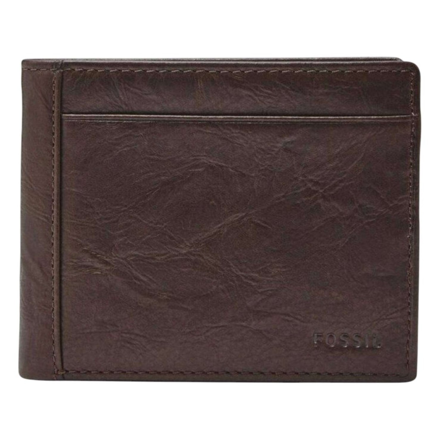 Fossil Men's Neel Leather Bifold - ML3899200 – Fossil Watches in New Zealand Fossil Men's Neel Leather Bifold - ML3899200 | An open brown leather wallet featuring multiple compartments. On the left side, there's a transparent ID slot with an oval cutout, and on the right side, four card slots with a larger pocket beneath them.