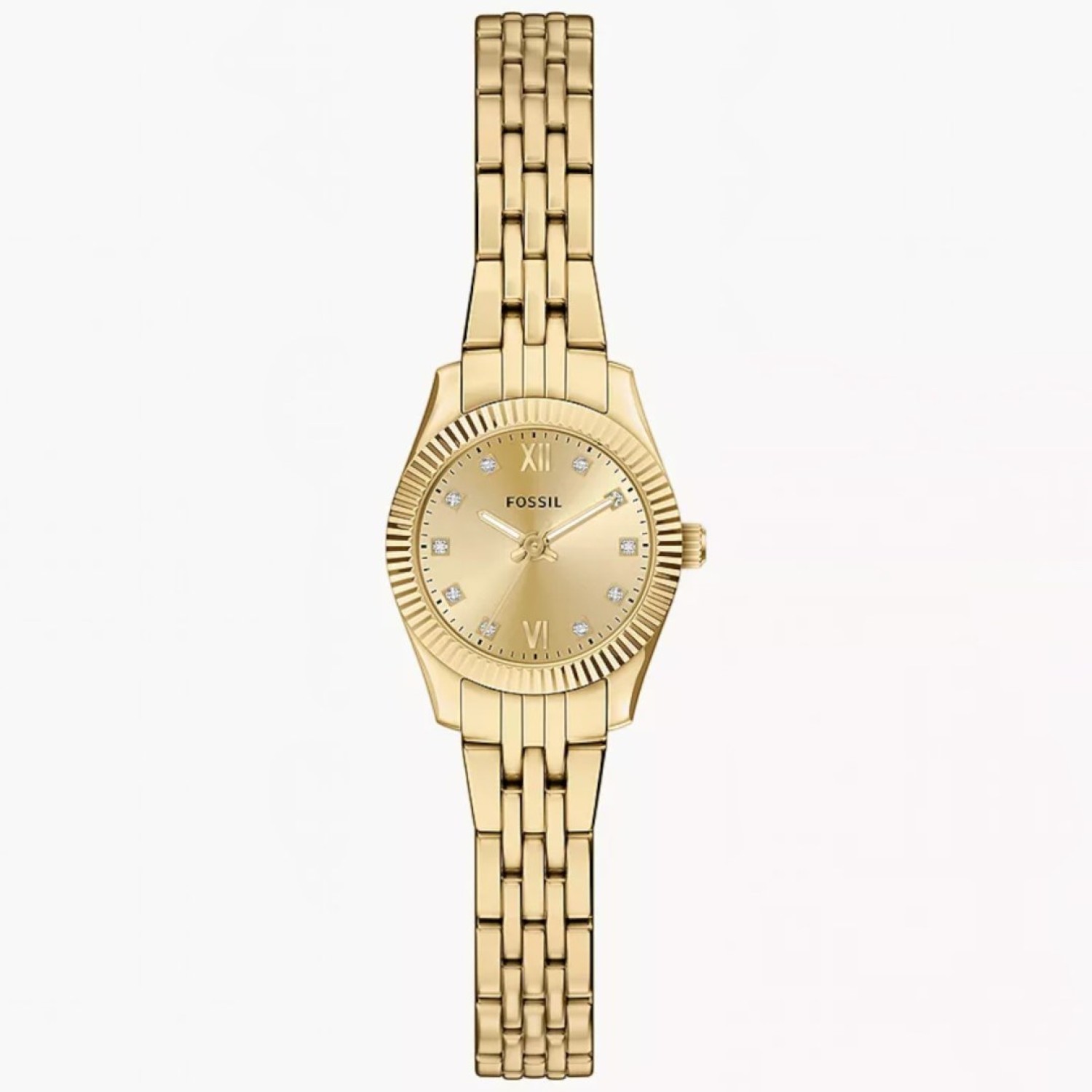 Fossil Scarlette ES5474 Mini Gold Ladies Watch Fossil Scarlette ES5474 Mini Gold Ladies watch featuring silver dial