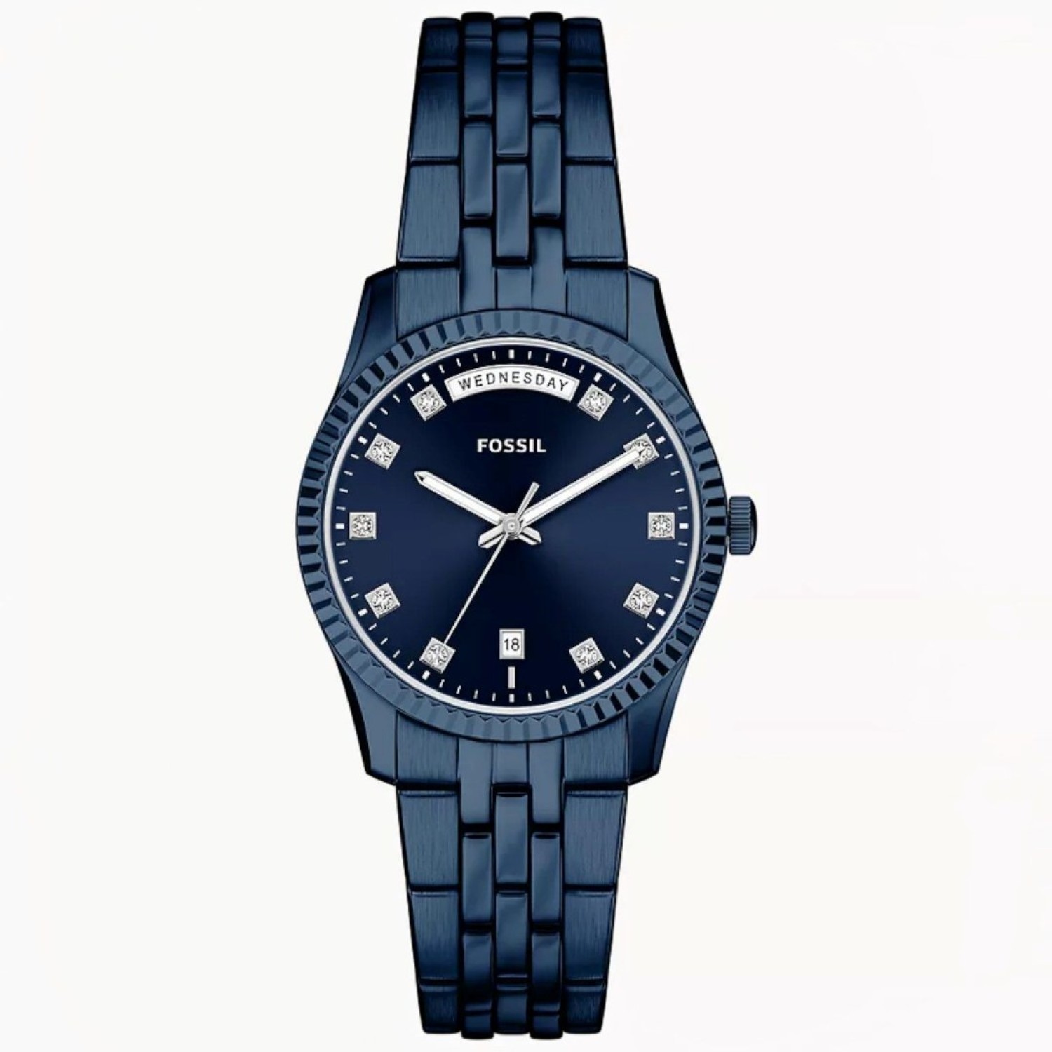 Fossil Scarlette ES5476 Navy Day-Date Stainless Steel Watch Fossil Scarlette ES5476 Navy Day-Date Stainless Steel watch featuring day date and navy blue dial