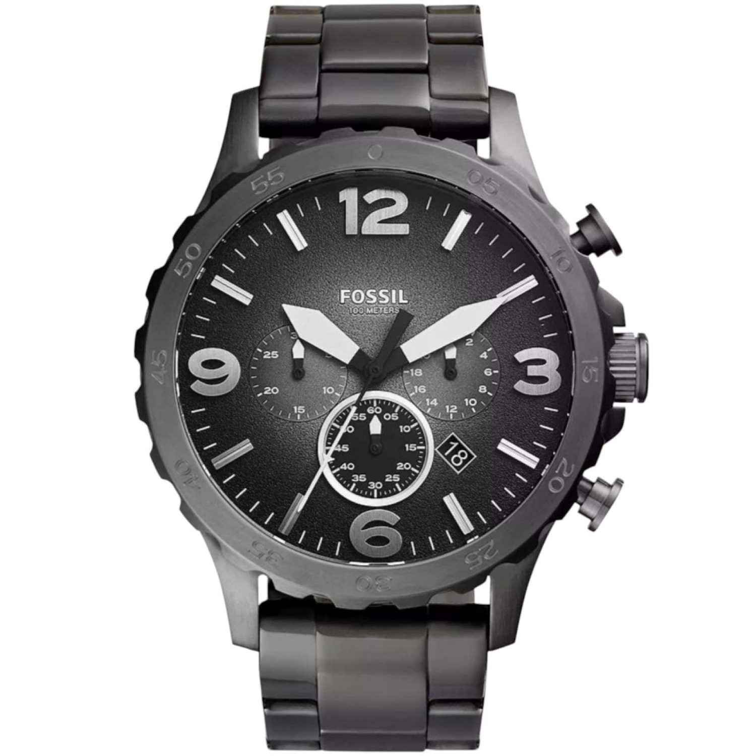 JR1437 Fossil Nate Chronograph Smoke Watch. Our favourite military-inspired watch has a striking, masculine vibe that makes it a perfect addition to your casual closet. Oversized lugs and a gray degrade dial add a refined look. This Nate watch also featur