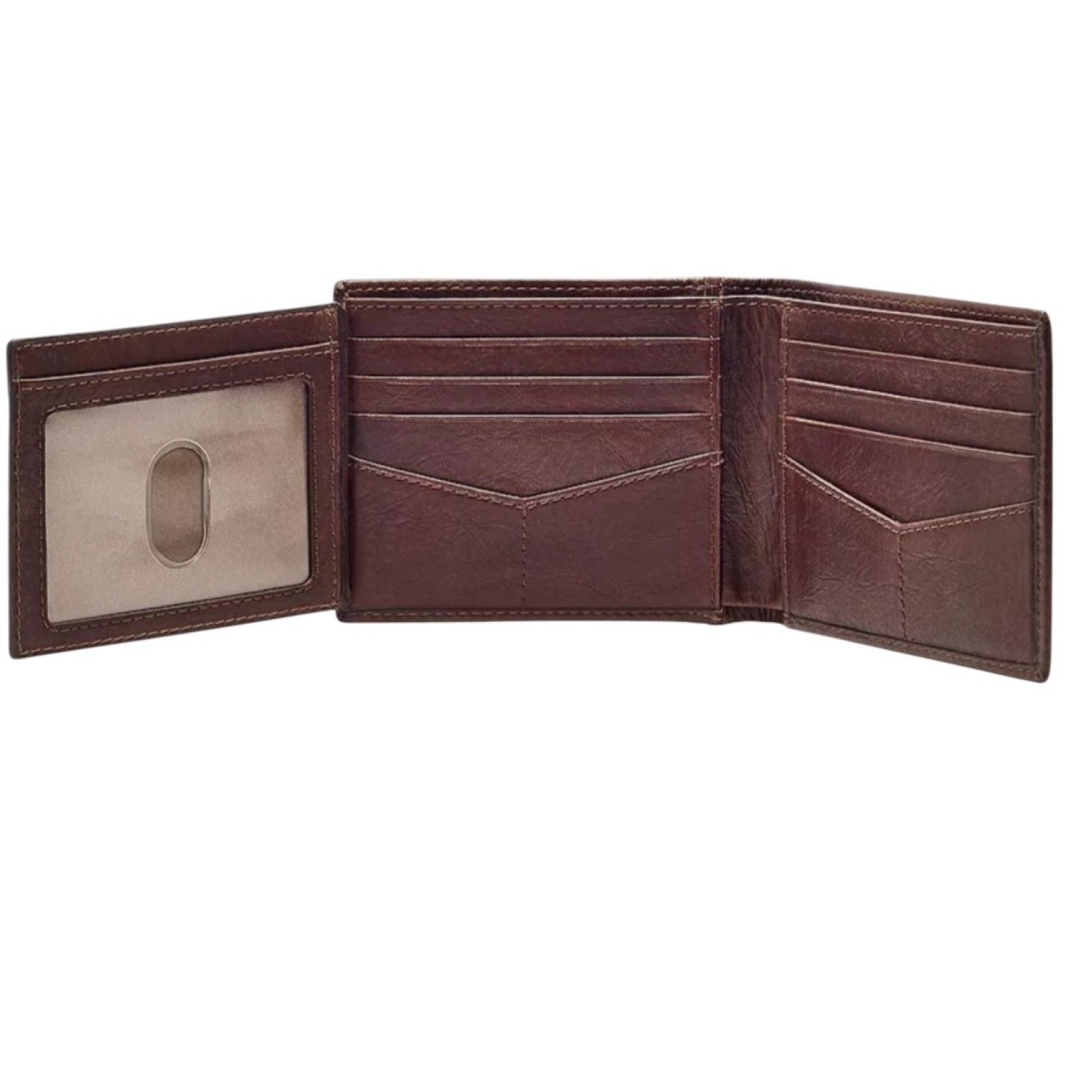 Ingram RFID Bifold with Flip ID - ML3784200 – Fossil Watches in New Zealand Ingram RFID Bifold with Flip ID - ML3784200 by Fossil Watches in New Zealand | Open brown leather wallet featuring multiple card slots and a transparent ID window.