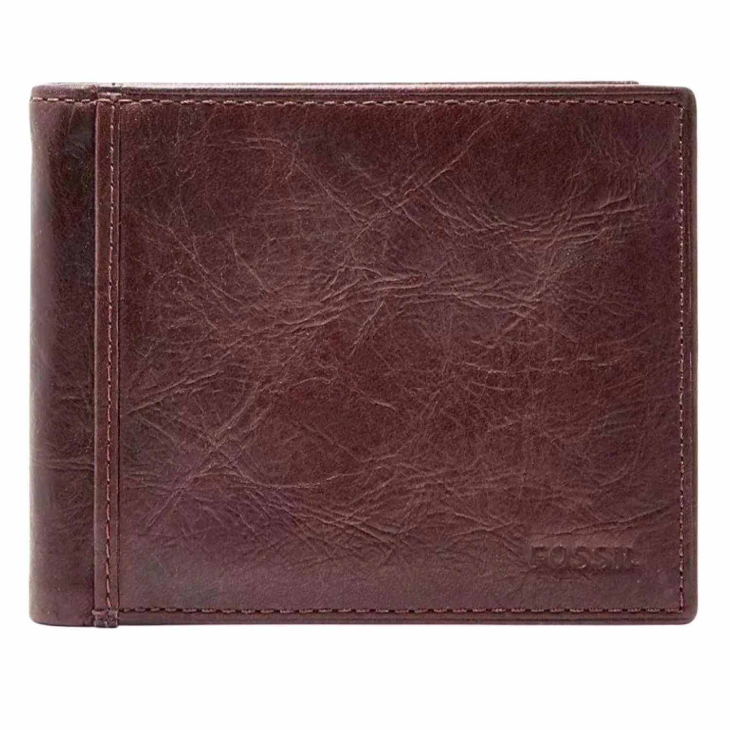 Ingram RFID Bifold with Flip ID - ML3784200 by Fossil Watches in New Zealand | Open brown leather wallet featuring multiple card slots and a transparent ID window.