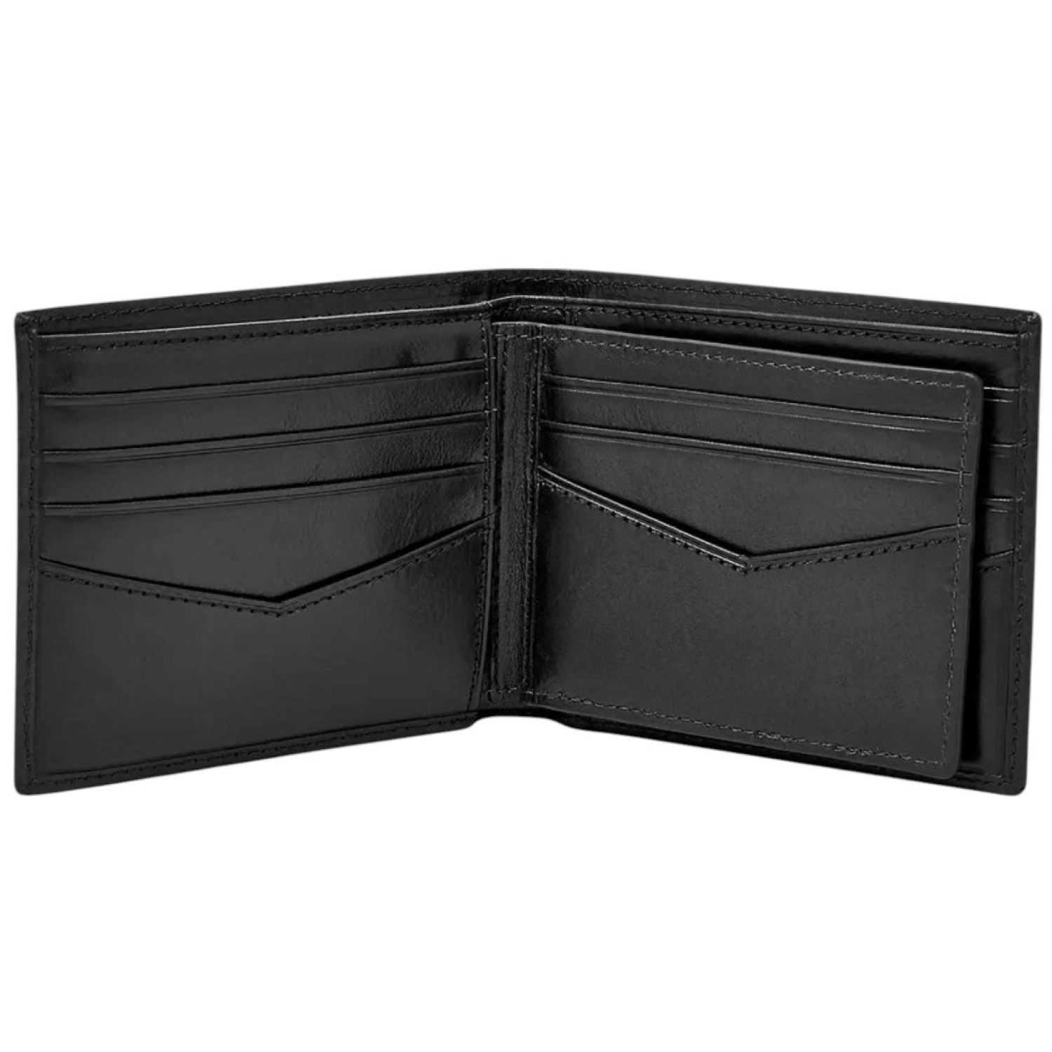 Ryan RFID Passcase Black Wallet ML3829001 – Open black leather wallet featuring multiple card slots, a transparent ID window, and a passcase insert for additional storage