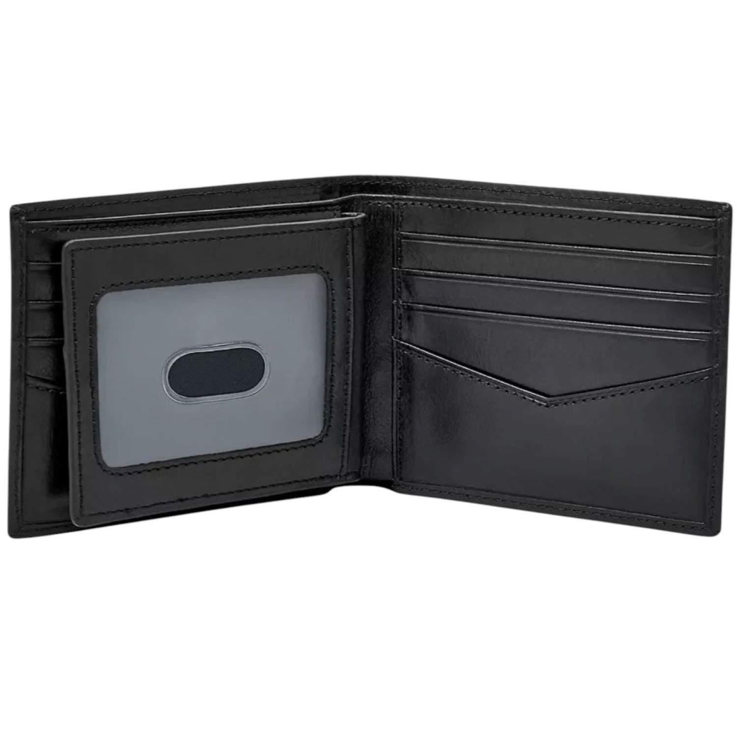 Ryan RFID Passcase Black Wallet ML3829001 – Open black leather wallet featuring multiple card slots, a transparent ID window, and a passcase insert for additional storage