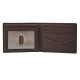 Fossil Men's Neel Leather Bifold - ML3899200 | An open brown leather wallet featuring multiple compartments. On the left side, there's a transparent ID slot with an oval cutout, and on the right side, four card slots with a larger pocket beneath them.