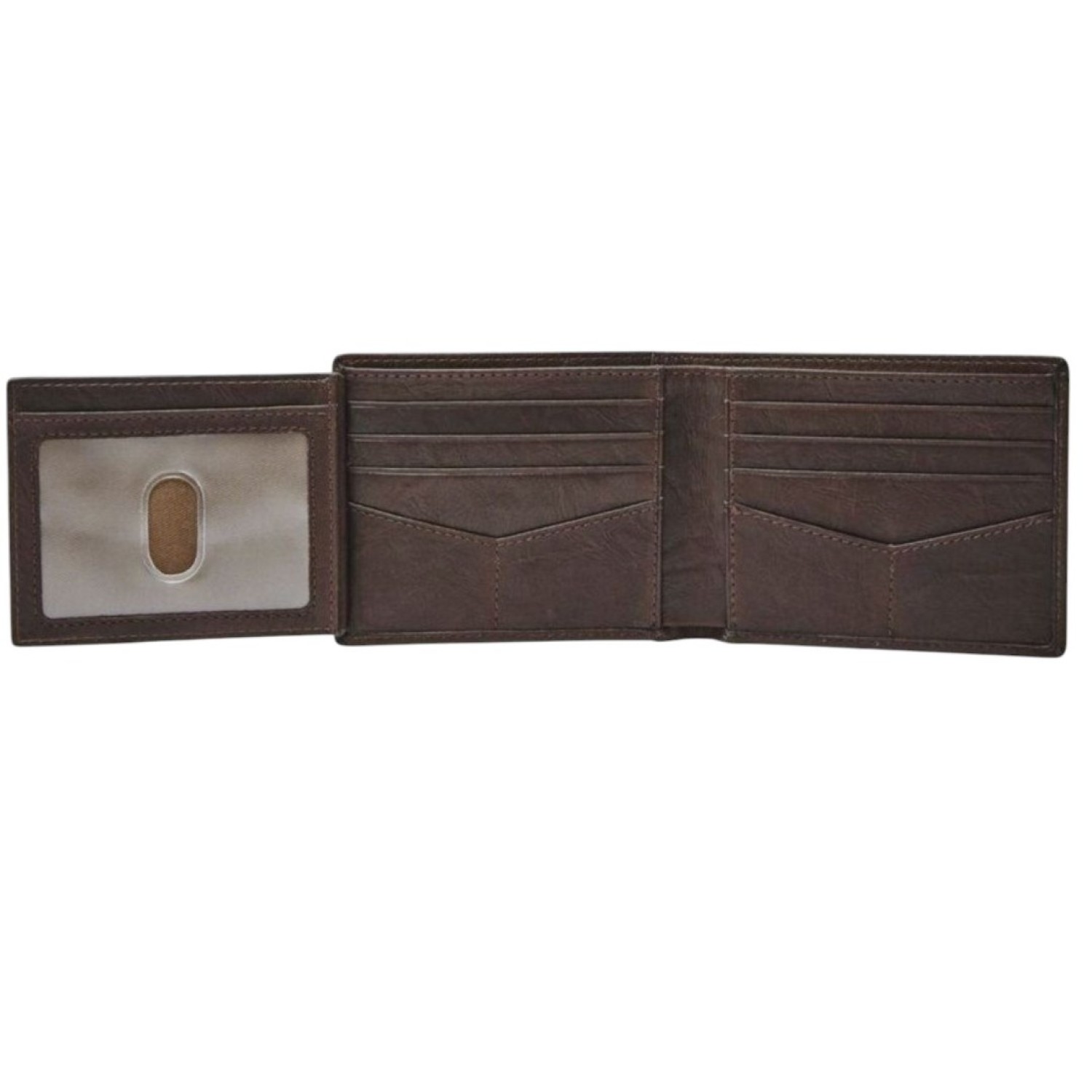 Fossil Men's Neel Leather Bifold - ML3899200 | An open brown leather wallet featuring multiple compartments. On the left side, there's a transparent ID slot with an oval cutout, and on the right side, four card slots with a larger pocket beneath them.