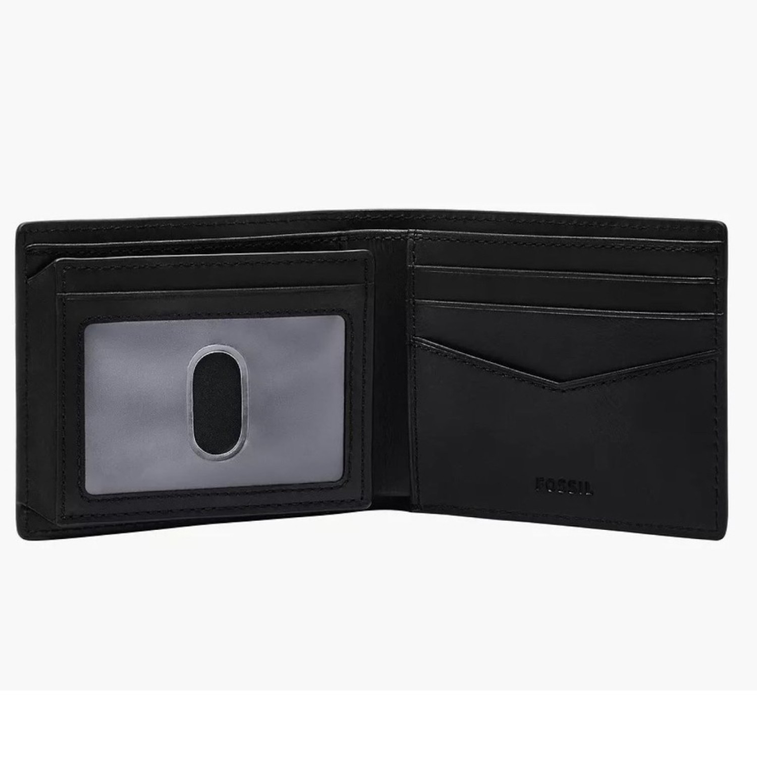 Everett Bifold with Flip ID - ML4397001 – Fossil Watches in New Zealand Everett Bifold with Flip ID - ML4397001: Open black leather wallet featuring multiple compartments, including a transparent ID window and several card slots for organized storage