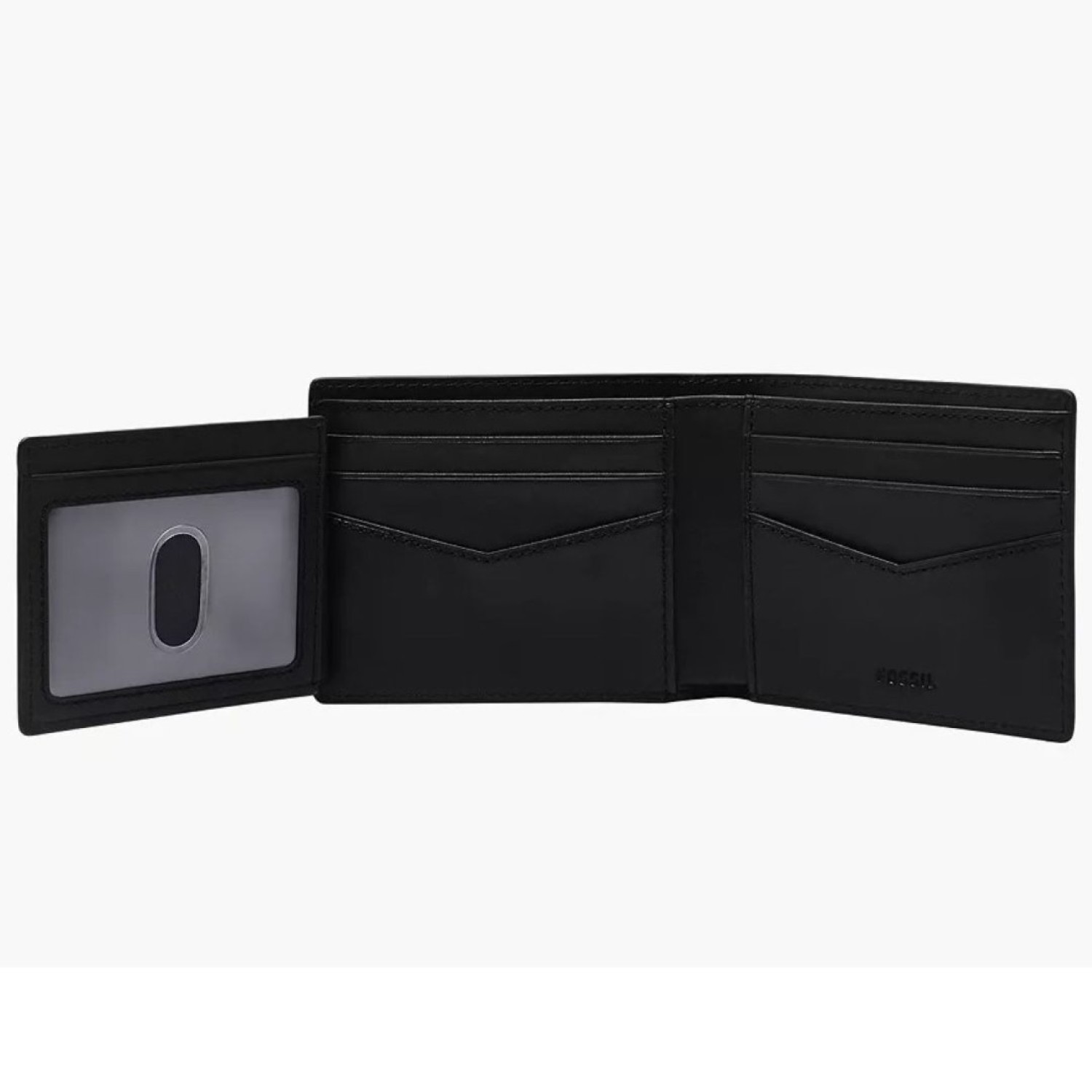 Everett Bifold with Flip ID - ML4397001 – Fossil Watches in New Zealand Everett Bifold with Flip ID - ML4397001: Open black leather wallet featuring multiple compartments, including a transparent ID window and several card slots for organized storage