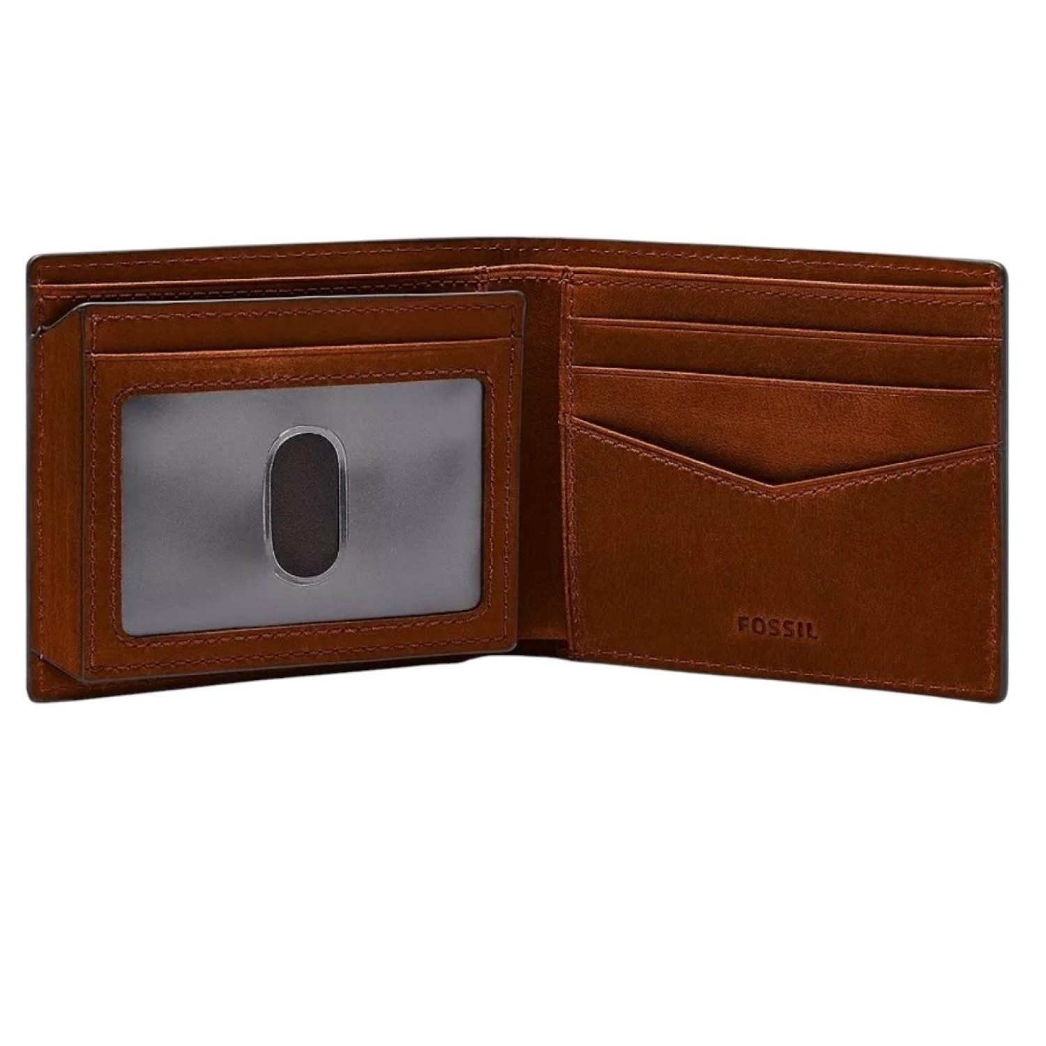 Everett Bifold with Flip ID - ML4397210: Open brown leather wallet featuring multiple compartments, including a transparent ID window and several card slots for organized storage