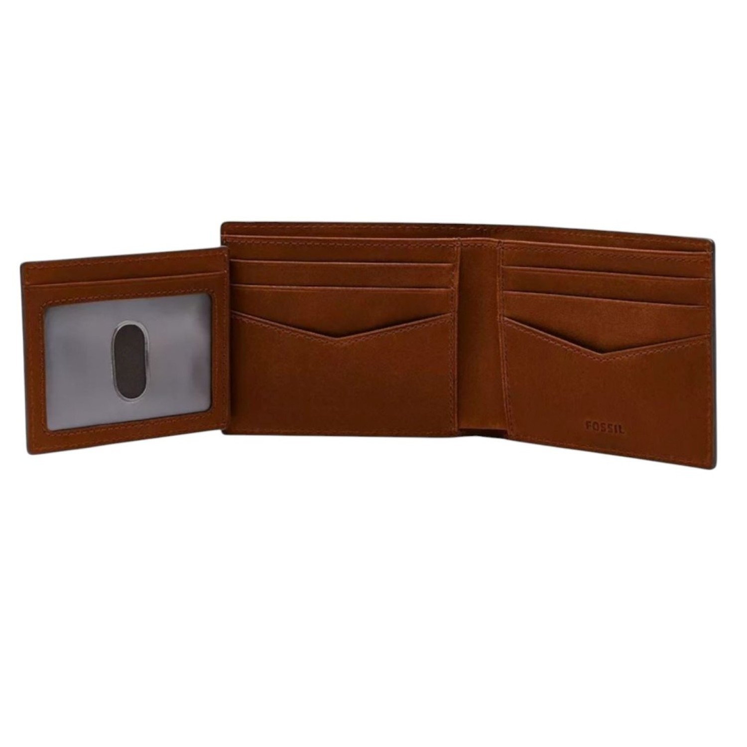 Everett Bifold with Flip ID - ML4397210: Open brown leather wallet featuring multiple compartments, including a transparent ID window and several card slots for organized storage