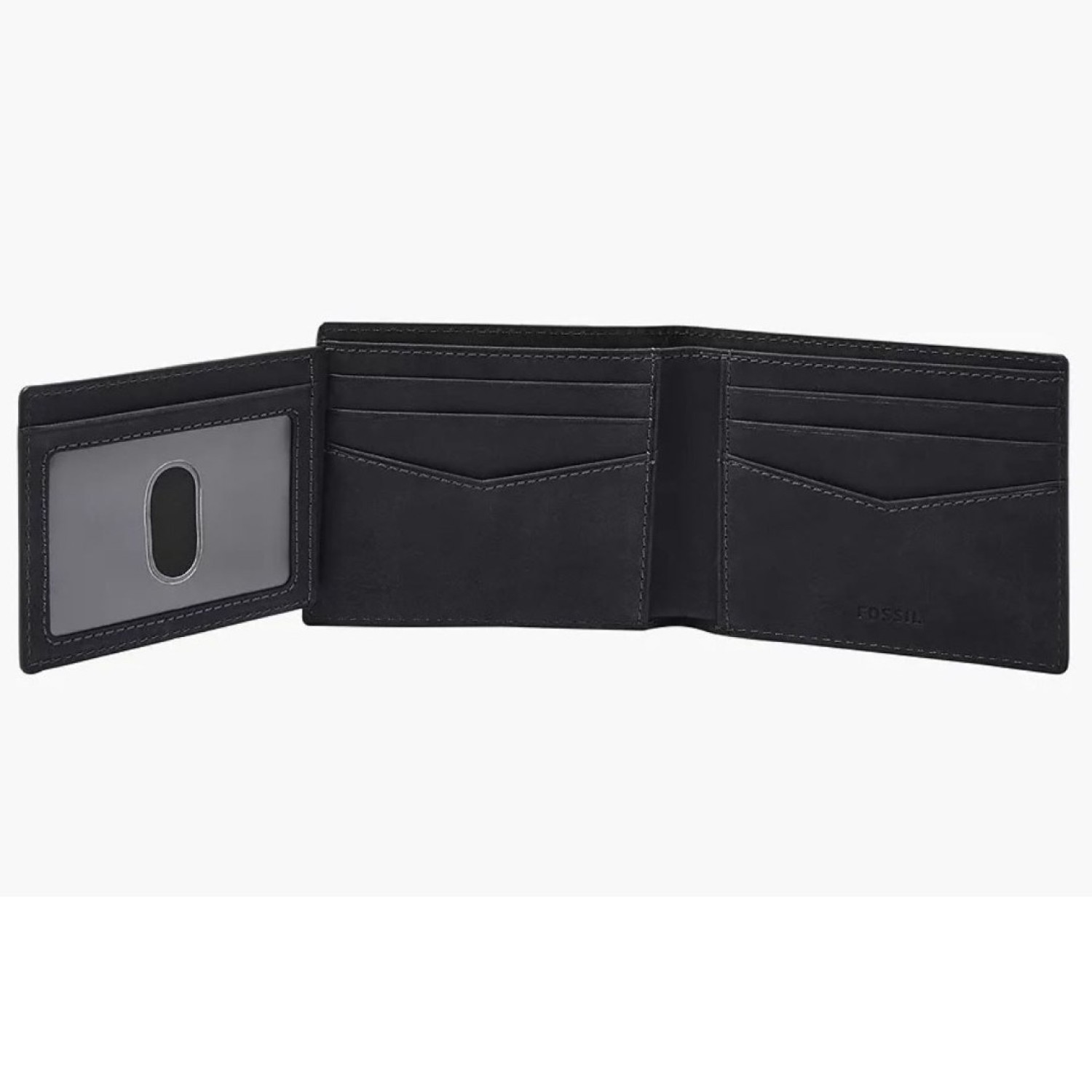 Everett Bifold with Flip ID - ML4397406 – Fossil Watches in New Zealand Everett Bifold with Flip ID - ML4397406: Open black leather wallet featuring multiple compartments, including a transparent ID window and several card slots for organized storage