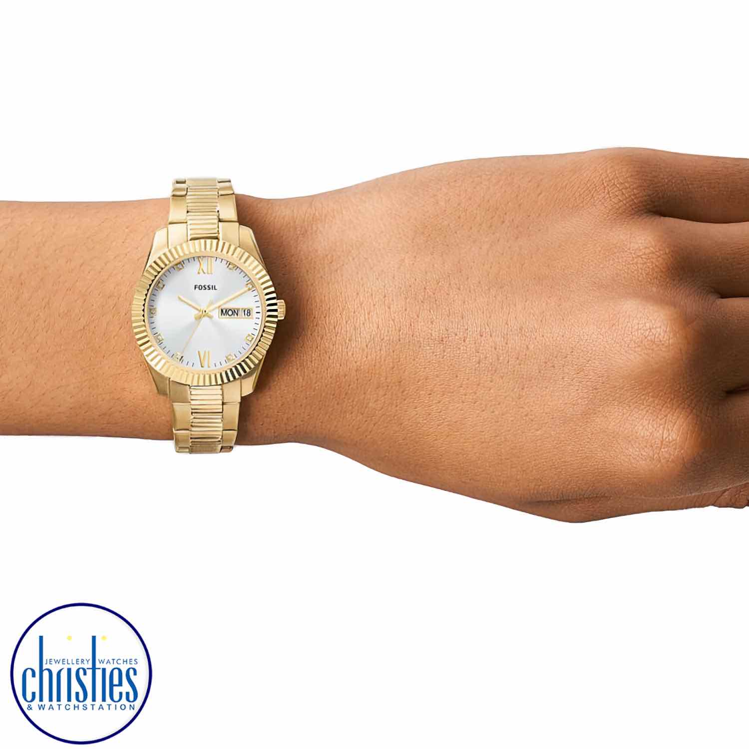 ES5199 Fossil Scarlette Three-Hand Day-Date Gold-Tone Stainless Steel Watch ES5199 Fossil Scarlette Three-Hand Day-Date Gold-Tone Stainless Steel Watch. ES5200 Fossil Scarlette Three-Hand Day-Date Gold-Tone Stainless Steel WatchAfterpay - Split your purchase into 4 instalments - Pay for your purchase over 4 instalments, due every