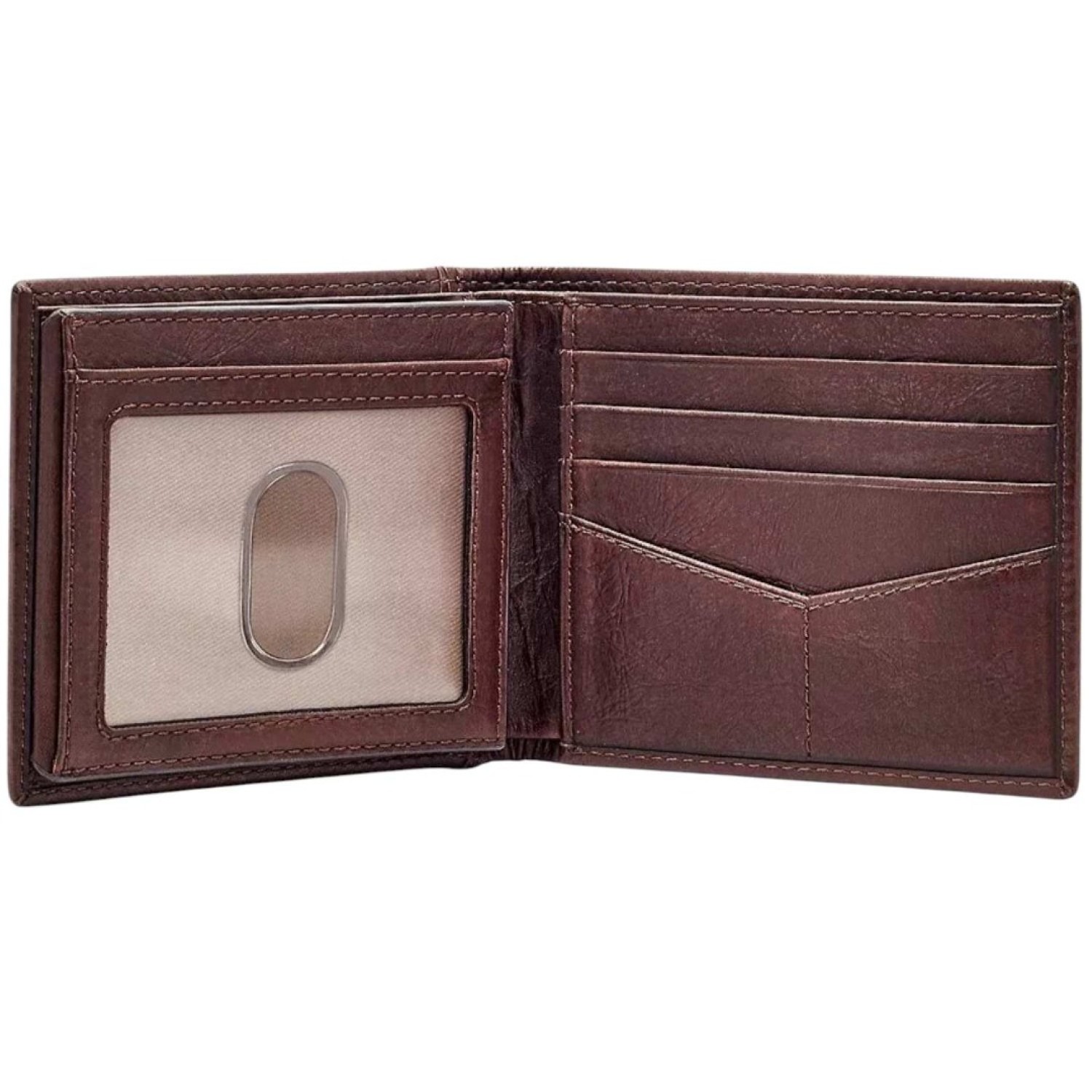Ingram RFID Bifold with Flip ID - ML3784200 – Fossil Watches in New Zealand Ingram RFID Bifold with Flip ID - ML3784200 by Fossil Watches in New Zealand | Open brown leather wallet featuring multiple card slots and a transparent ID window.