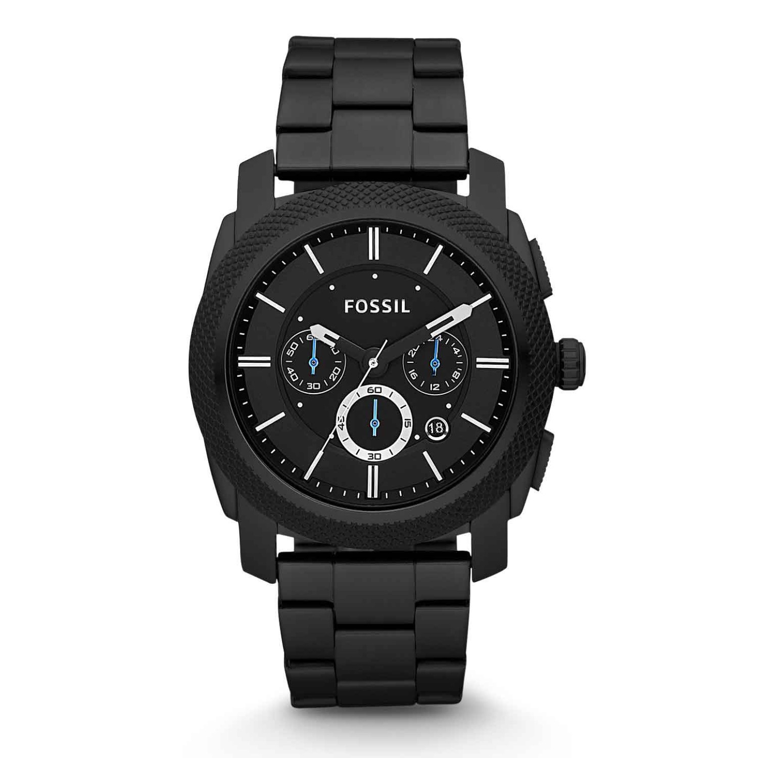 FS4552 Fossil Machine Chronograph Black Stainless Steel Watch. This monochromatic watch is the perfect neutral to transition from work to weekend. In brushed black, ion-plated stainless steel and matching dark dial, the classic timepiece features a textur