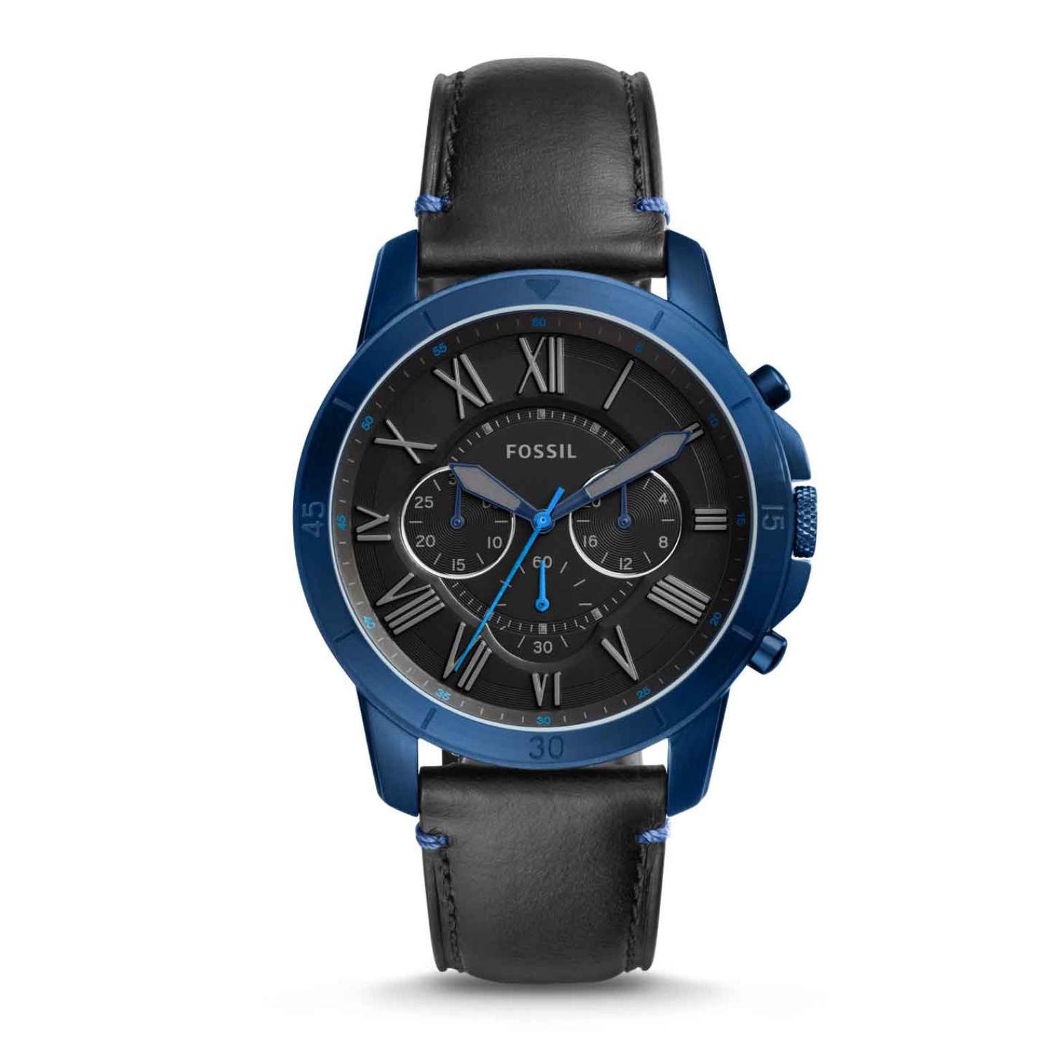 FS5342P Fossil Grant Chronograph Watch. Fossils Grant chronographs stealth-inspired colour palette receives an update with a black-out dial and polished blue steel case. 3 Months No Payments and Interest for Q Card holders LAYBUY - Pay it easy, in @christ