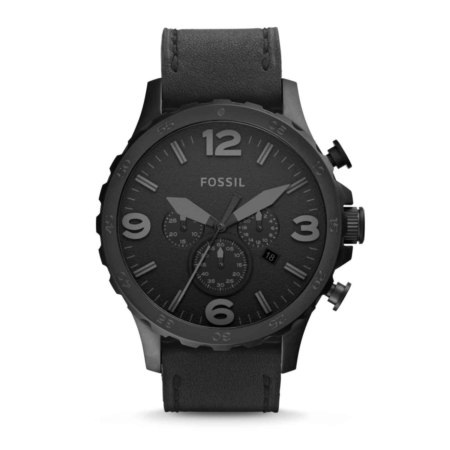 JR1354 Fossil Nate Chronograph Black Leather Watch JR1354-Premier Fossil Watches JR1354 Fossil Nate Chronograph Black Leather Watch. Add some military-inspired style to your wrist with our matte black stainless steel watch. A casual black leather strap and gray indexes add instant polish to any look. This Nate watch also features a ch