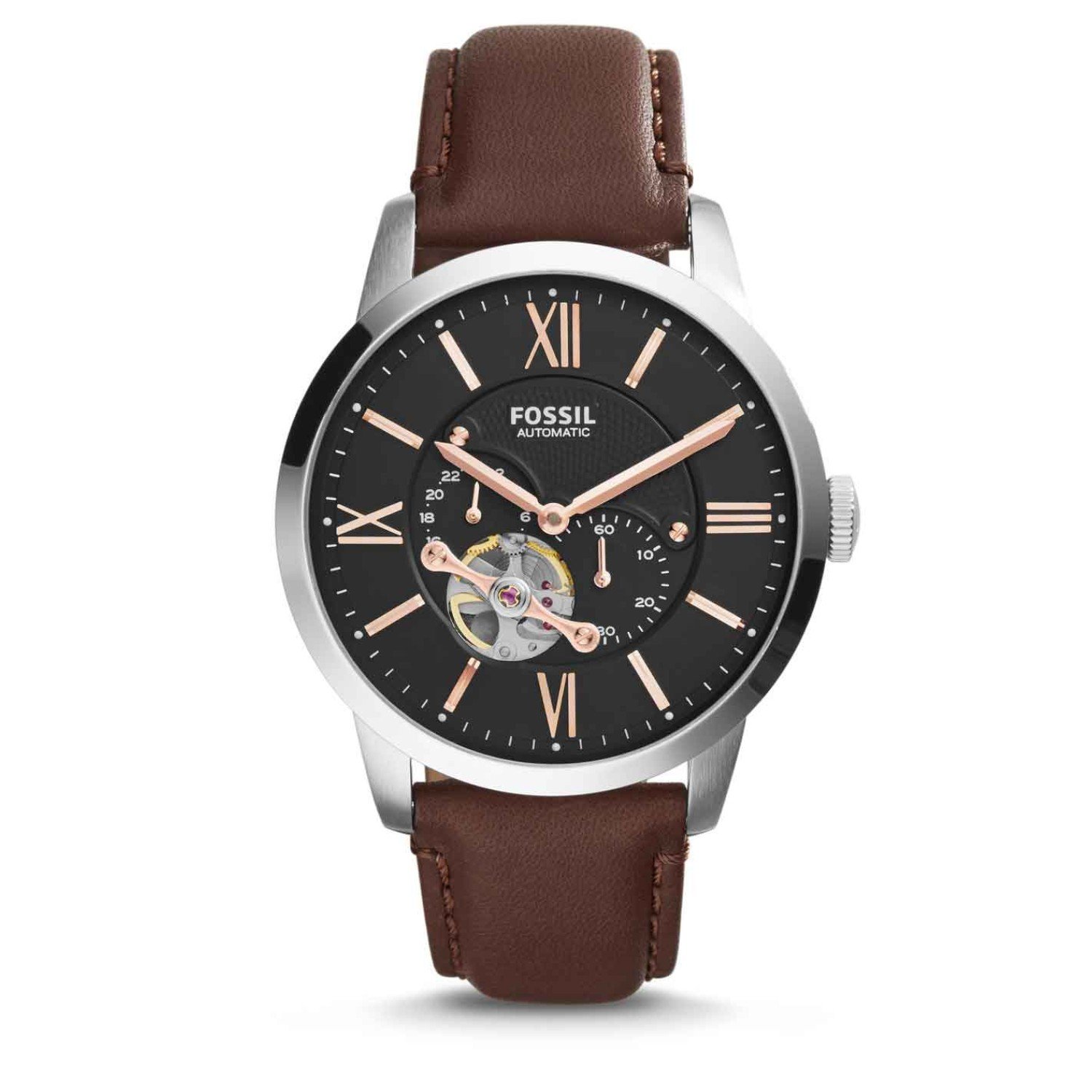 ME3061P Fossil Townsman Automatic Leather Watch. From desk to dinner, daily commute to jet-set journey, think of Townsman as his best-dressed essential. Crafted with an exposed automatic movement, its a sleek, pulled-together style that never takes itself