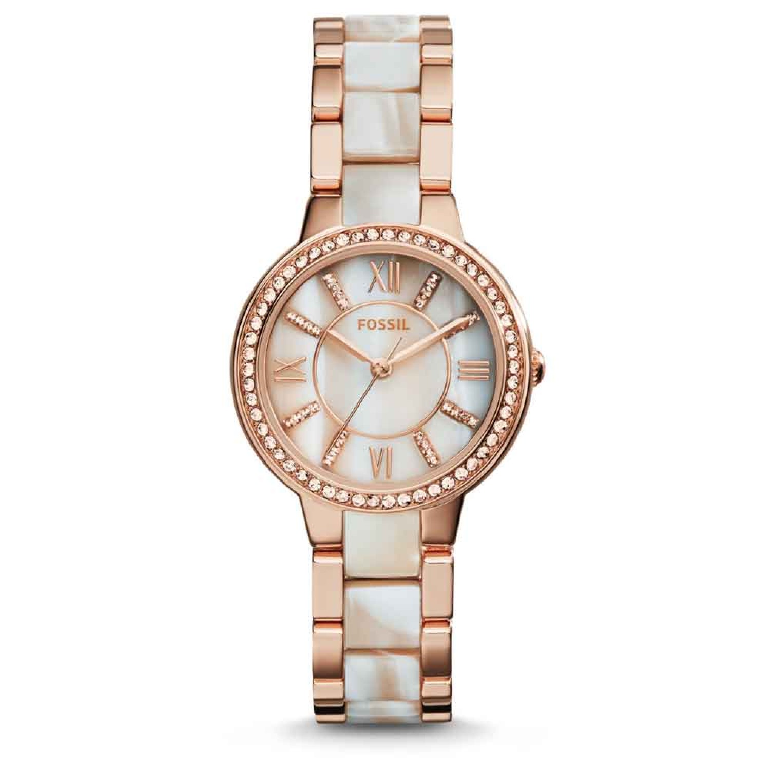 ES3716 Fossil Virginia Rose-Tone & Horn Acetate Stainless Steel Watch. Fossil are revamping the seasons classics with clean silhouettes and time-honoured materials. Exquisitely crafted in shimmer horn acetate and shiny rose steel, Virginia makes a sta