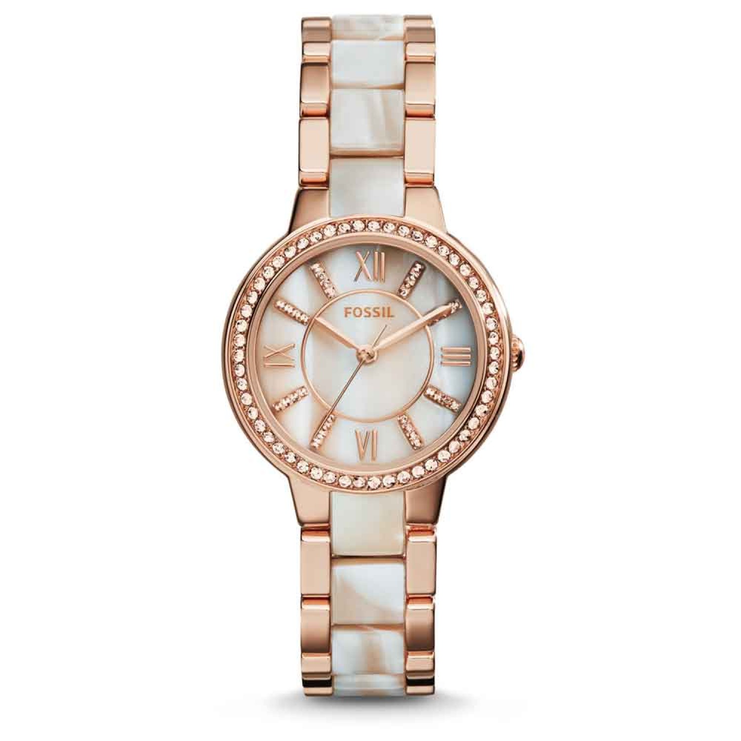ES3716 Fossil Virginia Rose-Tone & Horn Acetate Stainless Steel Watch ES3716-Fossil watches nz ES3716 Fossil Virginia Rose-Tone & Horn Acetate Stainless Steel Watch. Fossil are revamping the seasons classics with clean silhouettes and time-honoured materials. Exquisitely crafted in shimmer horn acetate and shiny rose steel, Virginia makes a sta