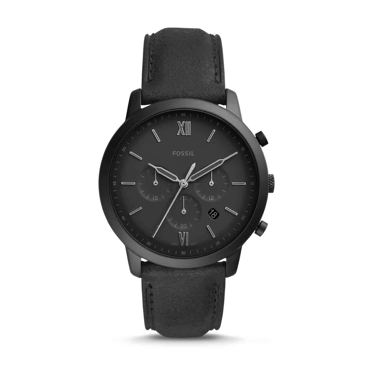FS5503 Fossil Neutra Chronograph Black Leather Watch. This 44mm Neutra features a black matte dial with Roman numeral and stick indices, chronograph movement and a black leather strap. Afterpay - Split your purchase into 4 instalments - Pay for your purch