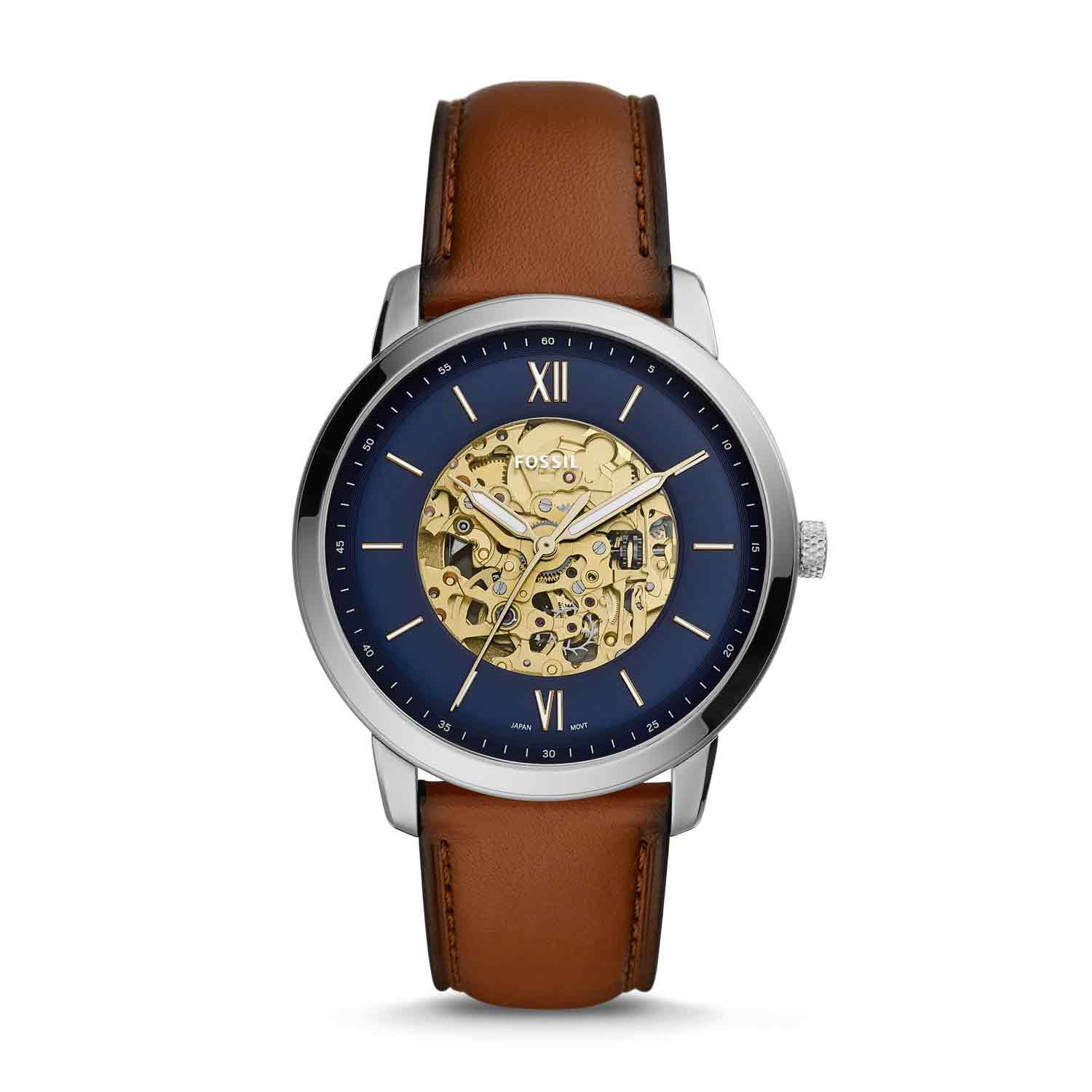 ME3160 Fossil Neutra Automatic Luggage Leather Watch. This 44mm Neutra features a blue satin see-through skeleton dial with Roman numeral and stick indices, automatic movement and a luggage leather strap.. The automatic movement features a built-in rotor 