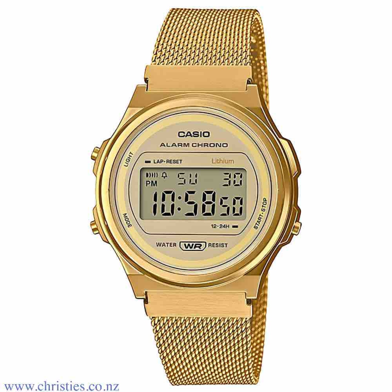 A171WEMG-9A Casio Vintage Alarm Chronograph Watch. Introducing the A171 Series of round-face, unisex timepieces. Uncluttered monotone coloring combines with middle-sized unisex designs that go great with a wide variety of styles. The bands feature a slide
