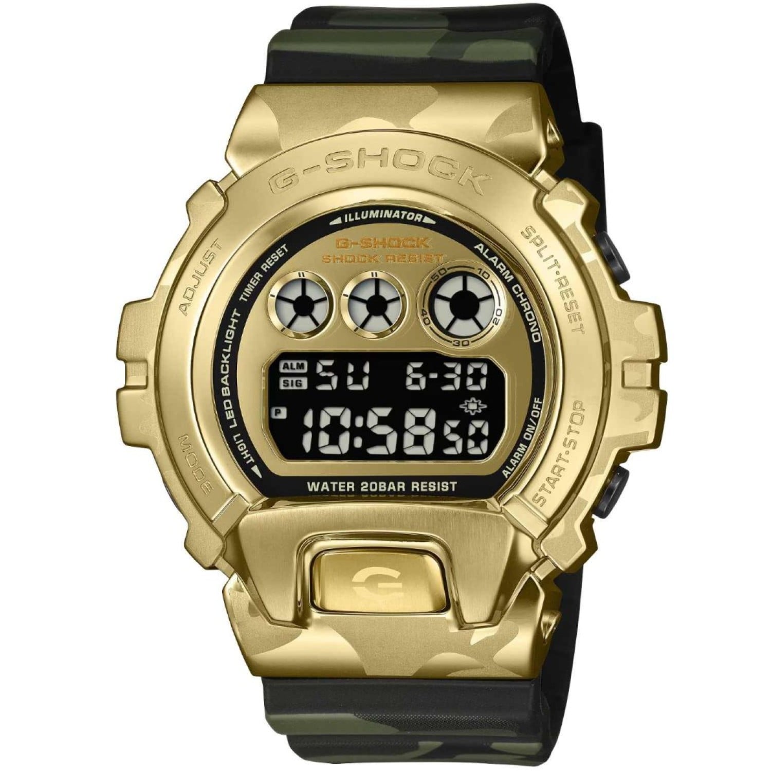 Casio G-Shock GM6900G-9D Gold Camouflage Digital Watch front view