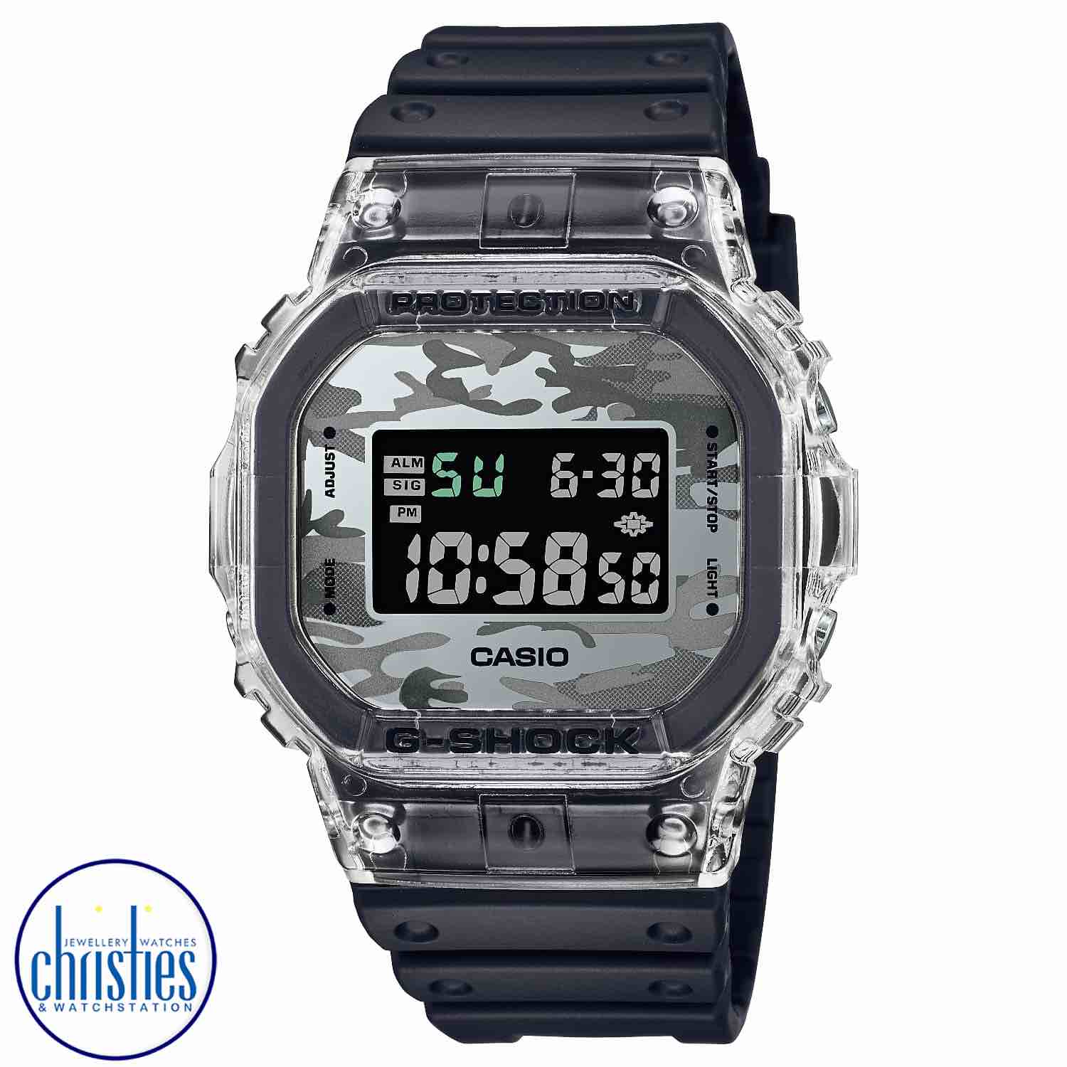 DW5600SKC-1D G-SHOCK  Camouflage Watch. Go stealthily in a G-SHOCK with a camouflage dial and translucent bezel.