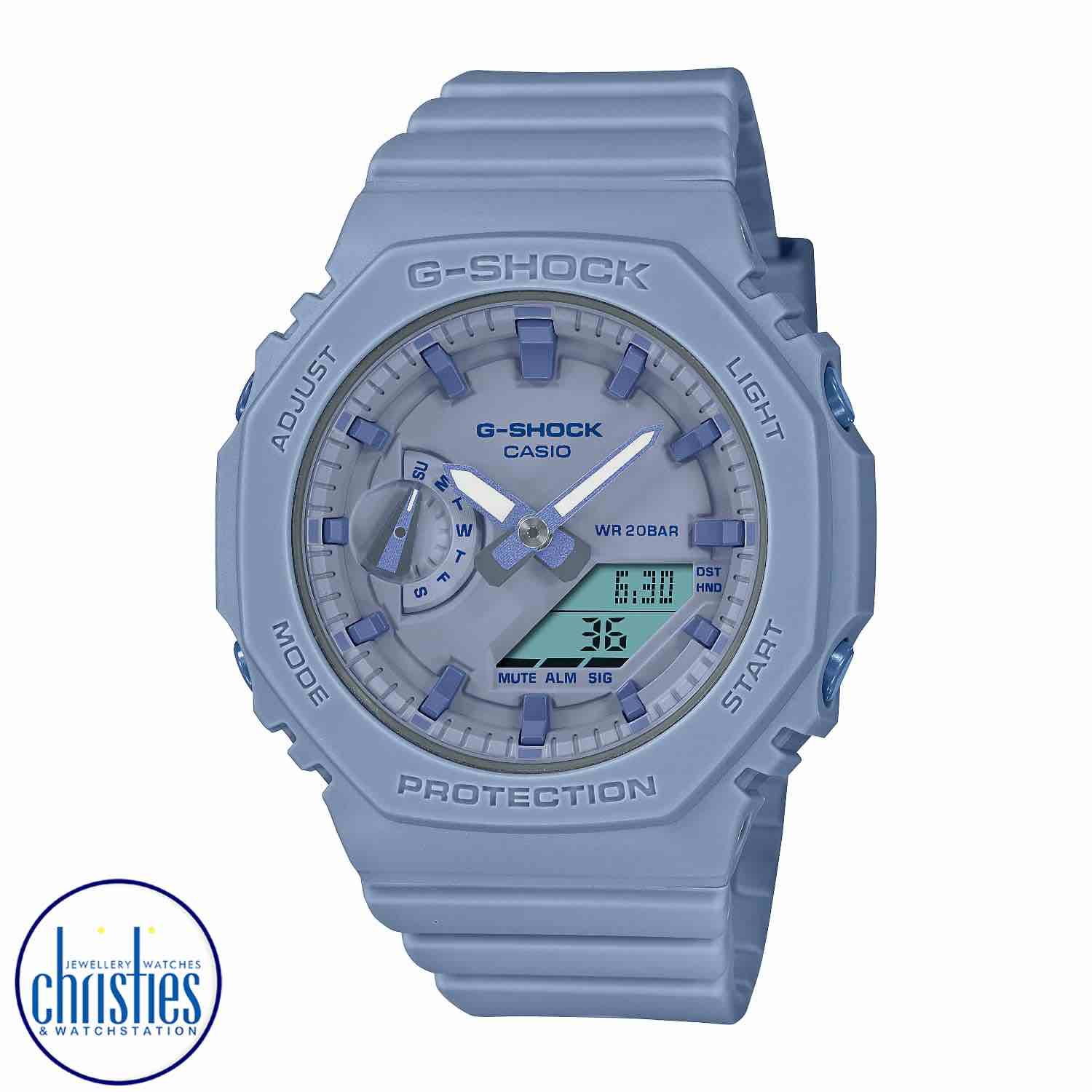 GMAS2100BA-2A2 Casio G-SHOCK  Womens Watch. Slip on a splash of clear metallic pleasure with the ever-popular analog-digital combination GA-2100 in a slimmer, more compact profile. g-shock watch strap replacement nz