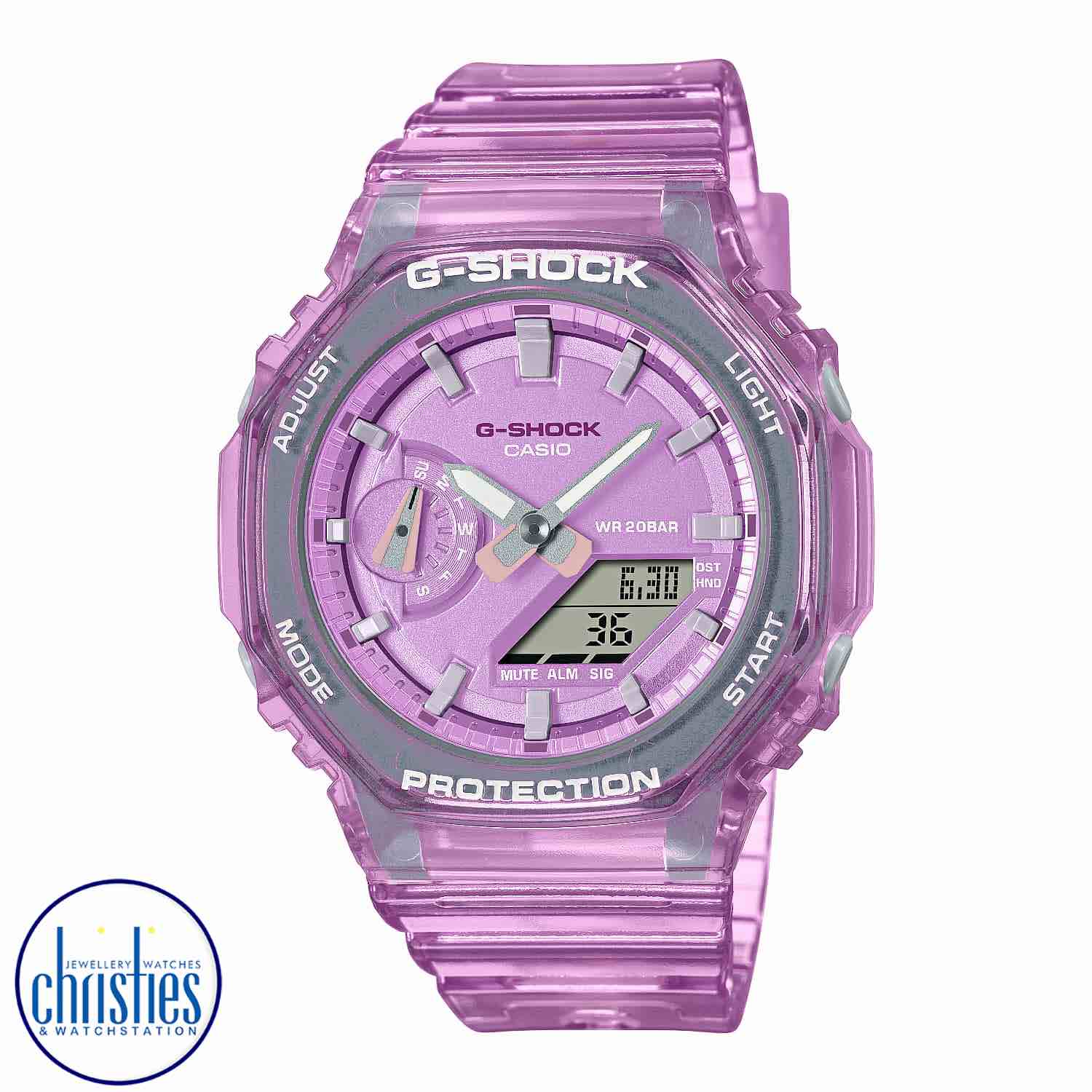 GMAS2100SK-4A G-SHOCK Metallic Translucent Womens Watch. Slip on a splash of clear metallic pleasure with the ever-popular analog-digital combination GA-2100 in a slimmer, more compact profile.