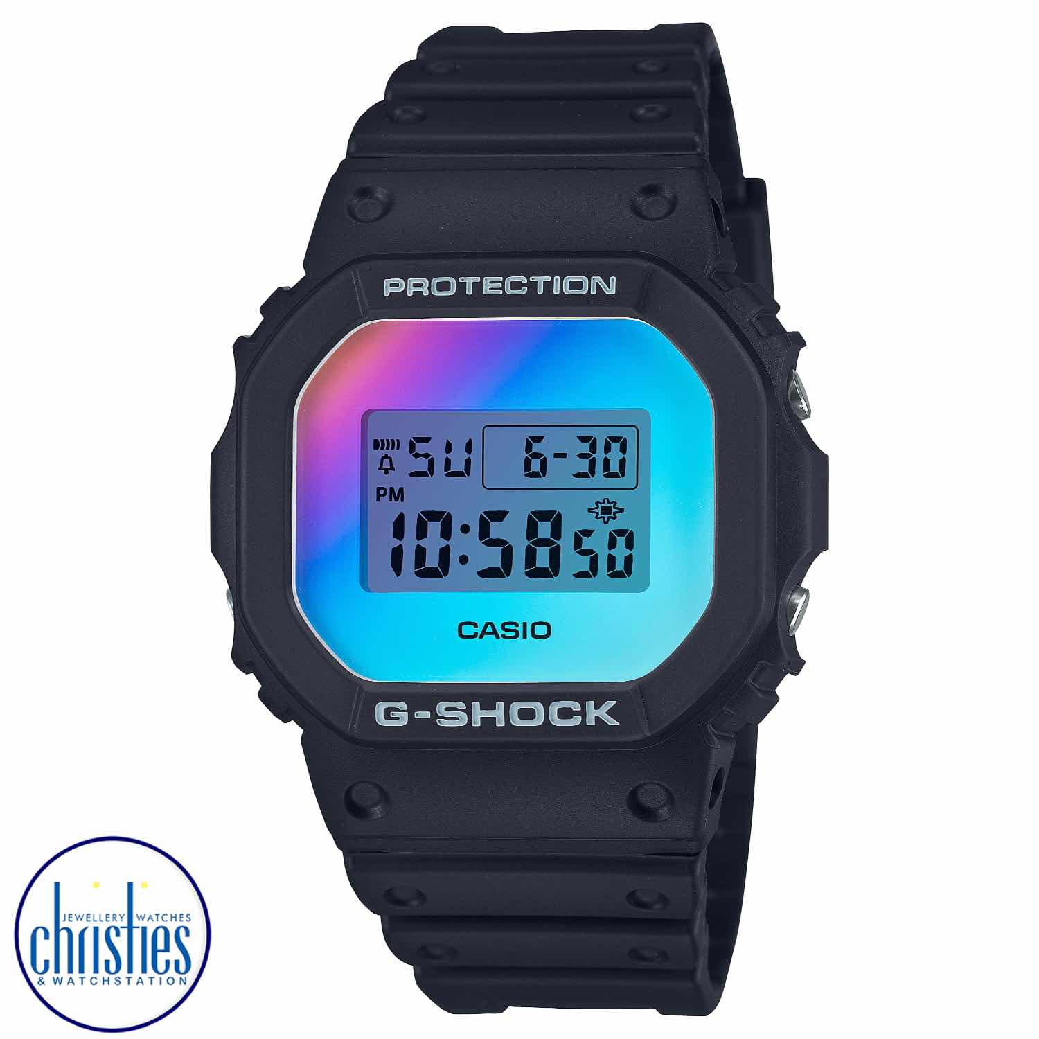 DW5600SR-1D G-Shock Watch Iridescent Colour Series DW5600SR-1D G-Shock Watch Iridescent Colour Series. Immerse yourself in brilliant iridescent colour, the first-ever G-SHOCK with full-surface graduated crystal finish evoking reflected sunlight.