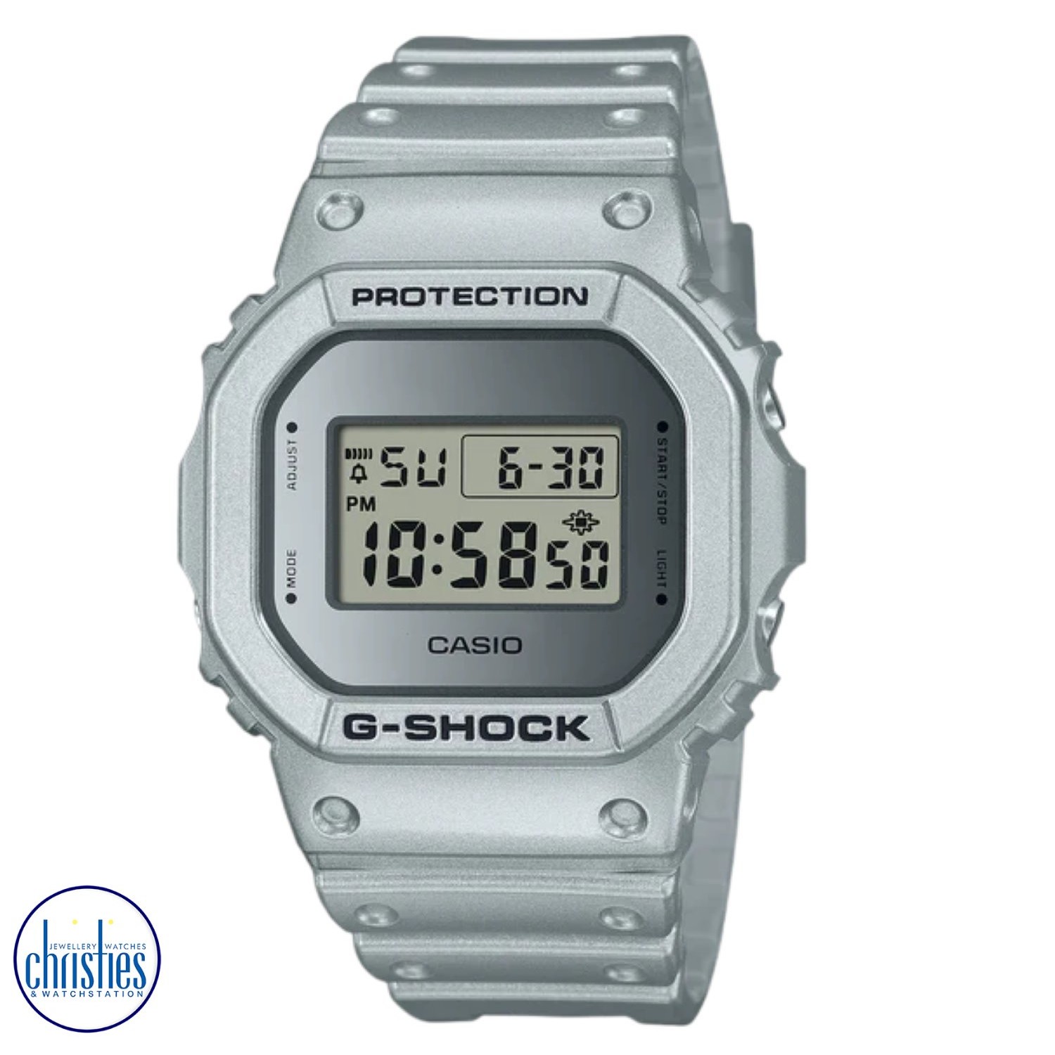 Christies Jewellery - DW5600FF-8B G-SHOCK Retrofuturistic designs in metallic silver diamond rings nz DW5600FF-8B G-SHOCK Retrofuturistic designs in metallic silver DW5600FF-8D diamond jewellery