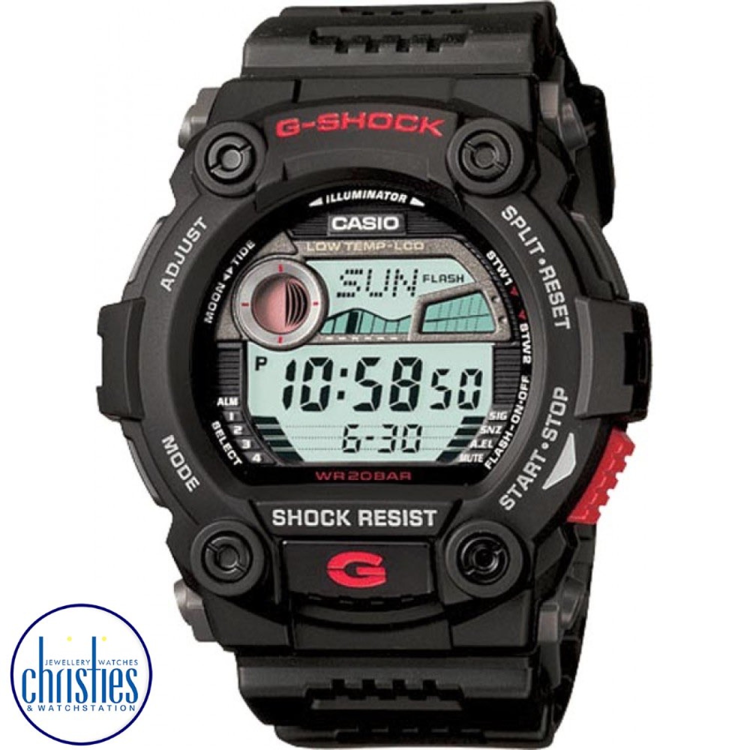 G7900-1D G-SHOCK Fishing Tide Graph Watch. From G-Shock, the watch that delivers unmatched toughness, comes a collection of new models that deliver a new level of protection. These watches are designed and engineered for rough and rugged activities. Digit