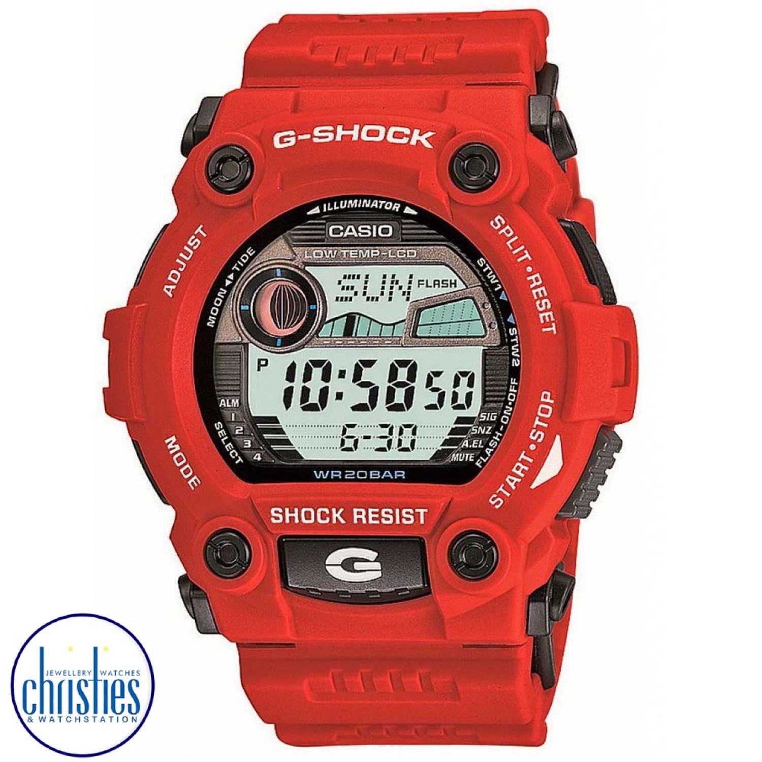 G7900A-4D G-Shock Fishing Moon data Watch. Major features include four large bezel screws and protruding surfaces that divide the form of the watch into six sections for a fashionable design. Buttons are among some of the largest available in the G-SHOCK 