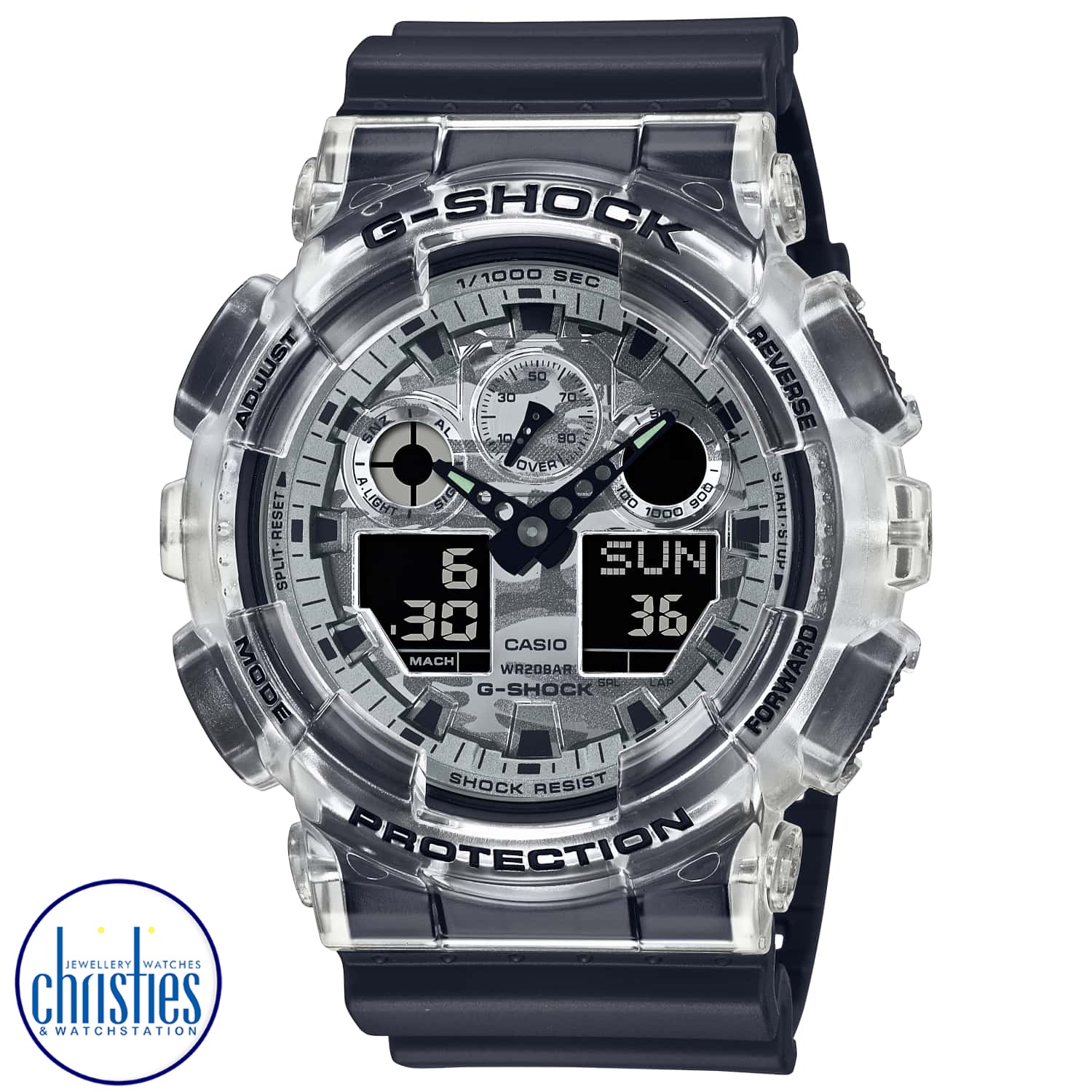 GA100SKC-1A G-Shock Camouflage Watch. Go stealthily in a G-SHOCK with a camouflage dial and translucent bezel.