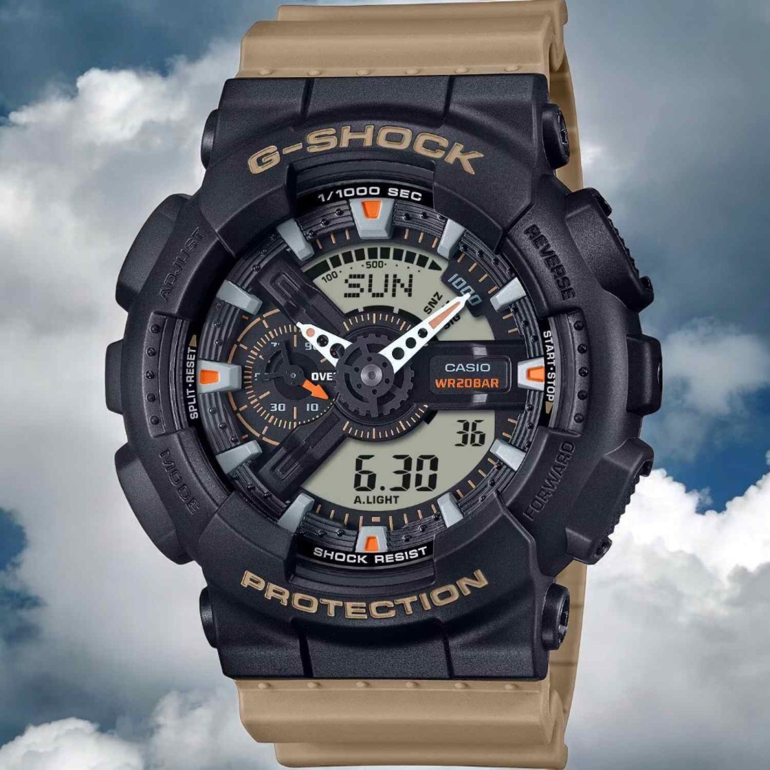 Christies Jewellery - GA110TU-1A5 G-Shock Analog-Digital Watch Auckland NZ GA110TU-1A5 G-Shock Analog-Digital Watch GA-110TU-1A5 G-Shock Pairing a black watch face with a band in beige