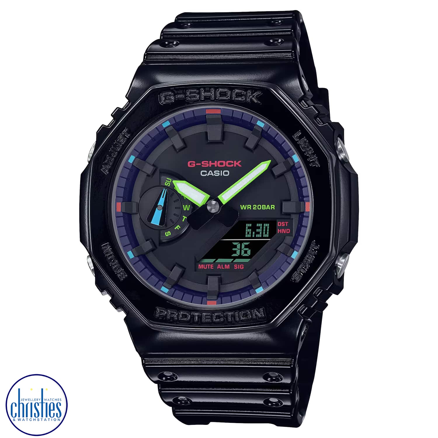 GA2100RGB-1A G-SHOCK Virtual Rainbow Series Watch. Introducing the G-Shock Virtual Rainbow Series Watches - a stunning fusion of cyber tech game-world aesthetic and G-SHOCK's signature toughness.