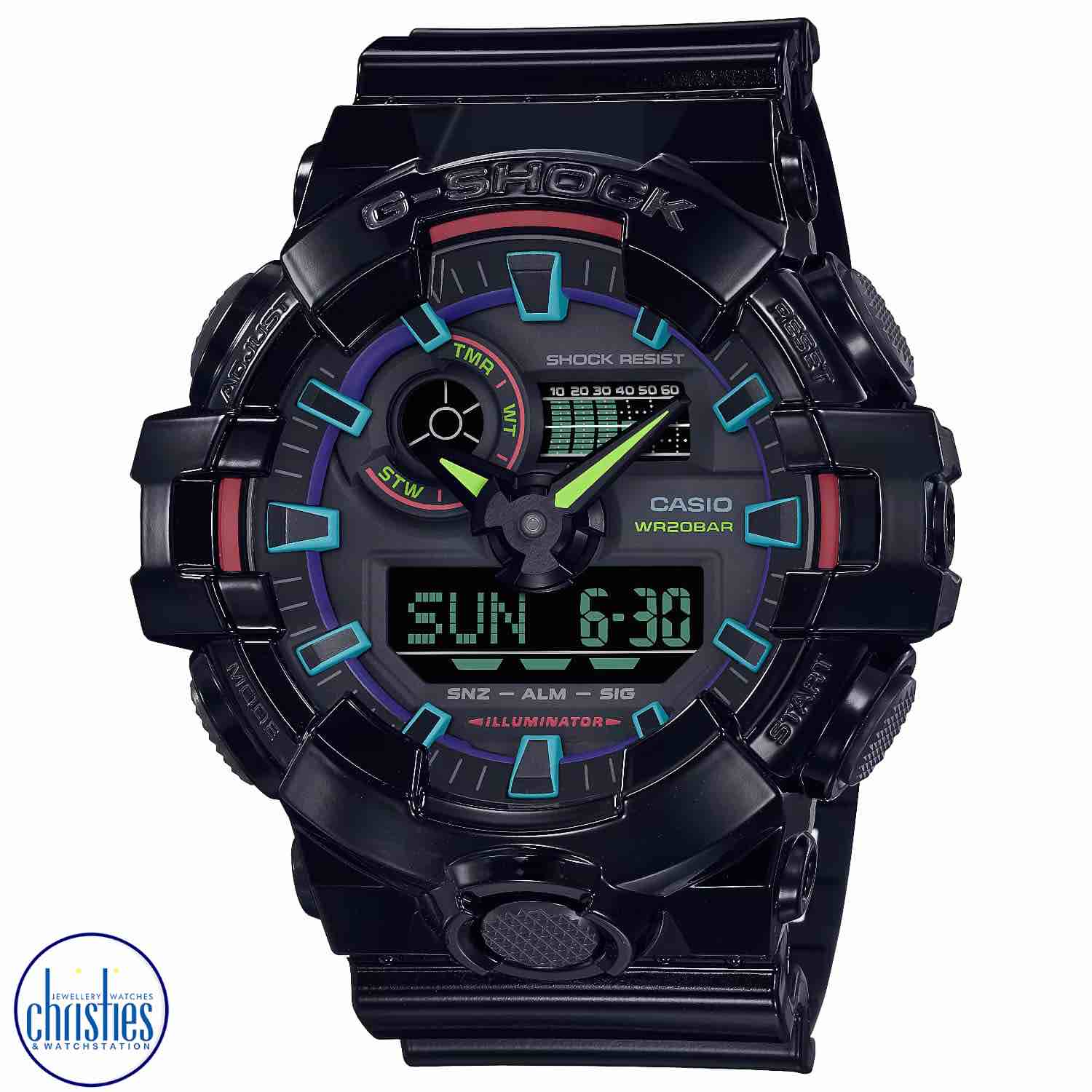 GA700RGB-1A Casio G-SHOCK Virtual Rainbow Series Watch. Step into the world of Virtual Rainbow, Where cyber tech and toughness flow, Bold looks in prisms of cool colour, Lighting up the darkness like no other.