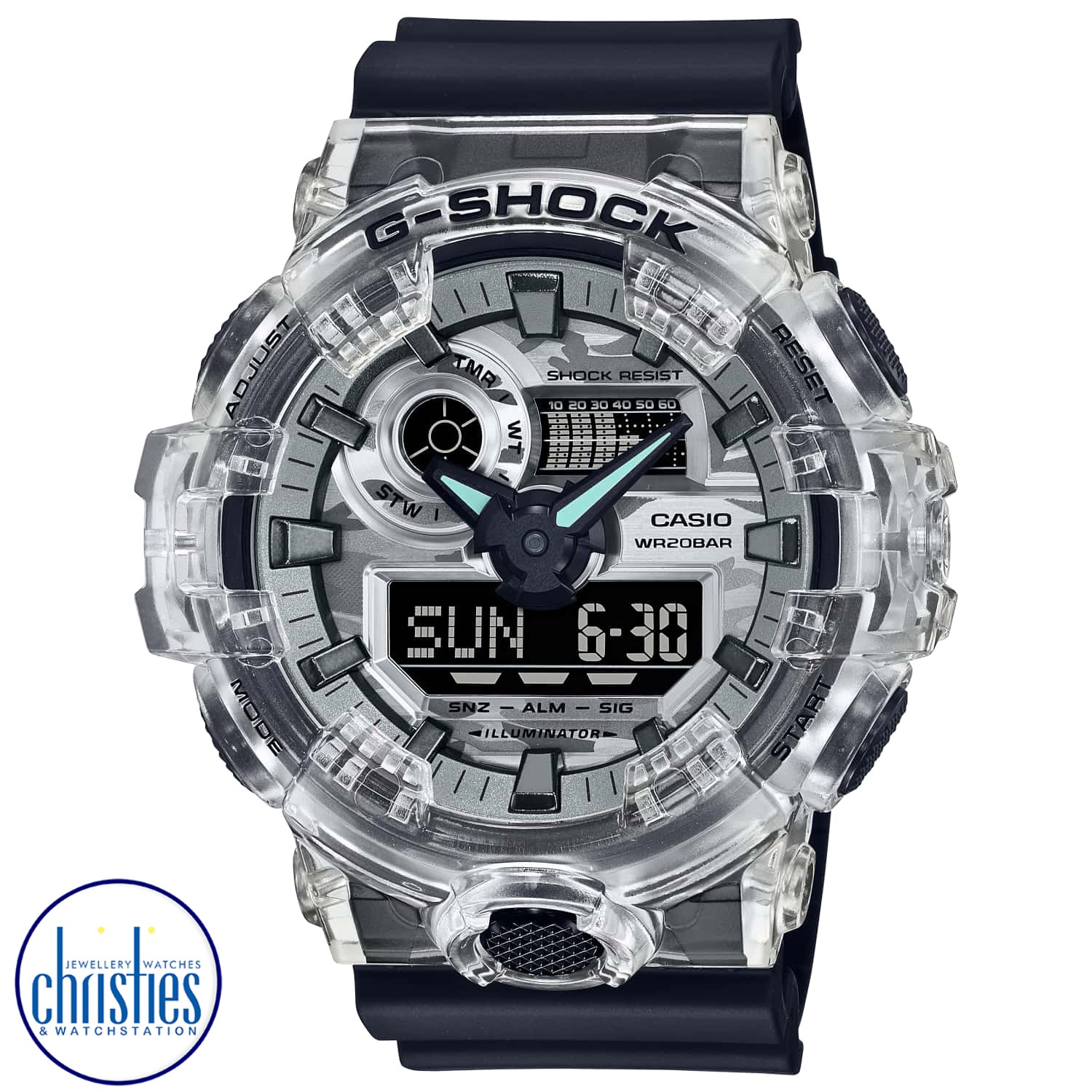 GA700SKC-1A G-SHOCK Camouflaged Series Watch GA700SKC-1A G-SHOCK Camouflaged Series Watch. Go stealthily in a G-SHOCK with a camouflage dial and translucent bezel.