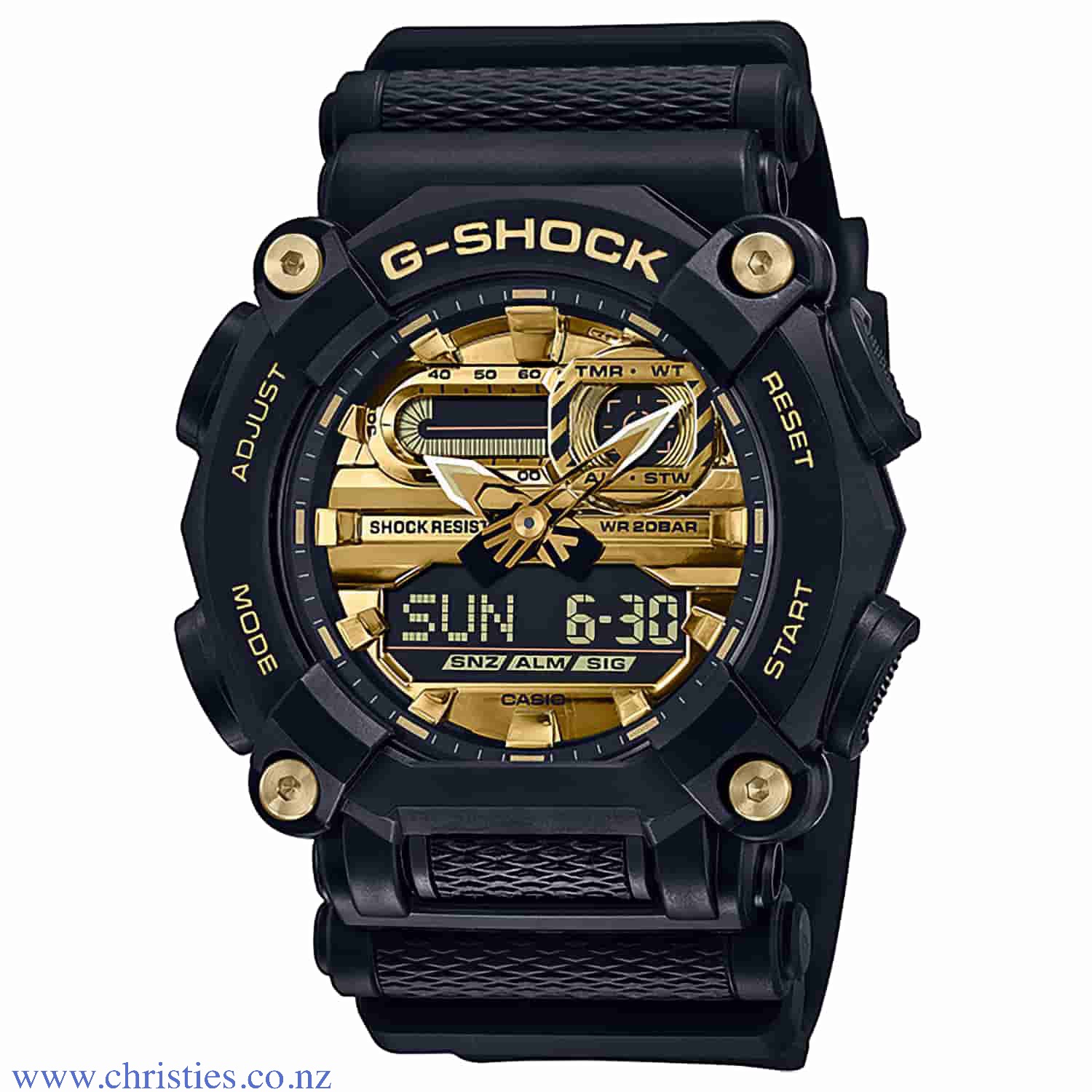 GA900AG-1A Casio G-Shock Watch. GA-900 Exceptional Colours - Turn heads and catch eyes with a G-SHOCK watch boasting a dazzling splash of colour. The design evokes an industrial feel with a 10-faceted bezel accented with four screws, evoking the nuts a G-