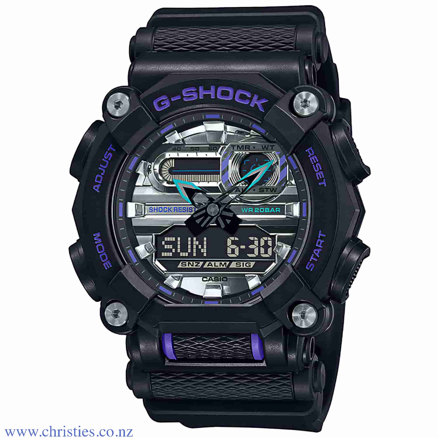 GA900AS-1A Casio G-Shock Watch. GA-900 Exceptional Colours - Turn heads and catch eyes with a G-SHOCK watch boasting a dazzling splash of colour. The design evokes an industrial feel with a 10-faceted bezel accented with four screws, evoking the nuts a G-