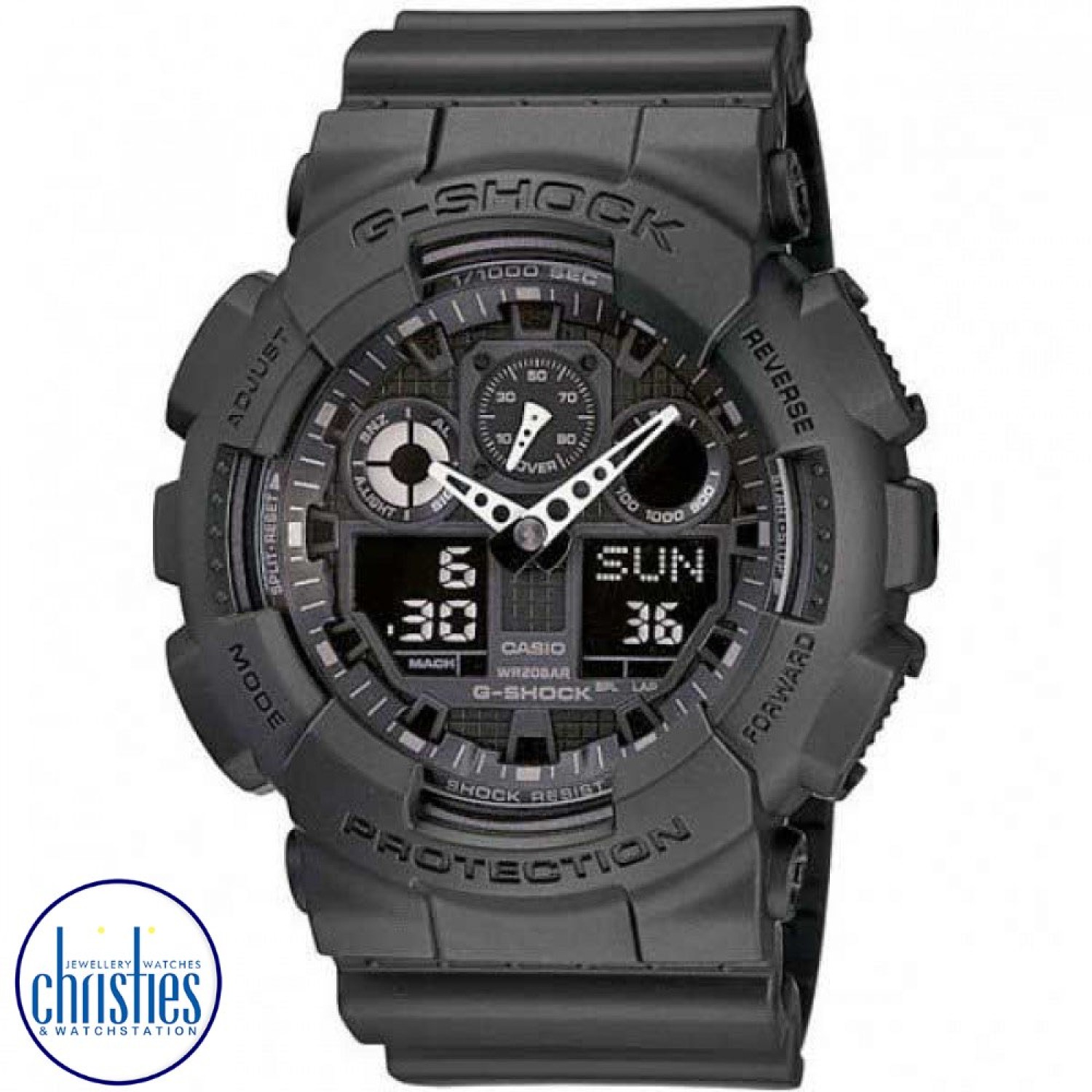 GA100-1A1  G-Shock  X-Large World time. Living up to G-Shocks reputation for big case designs, comes a revolution in case size with the introduction of the X-Large G. Black resin band with black Ana-Digi face. Humm -Buy Little things up to $1000 and cho @