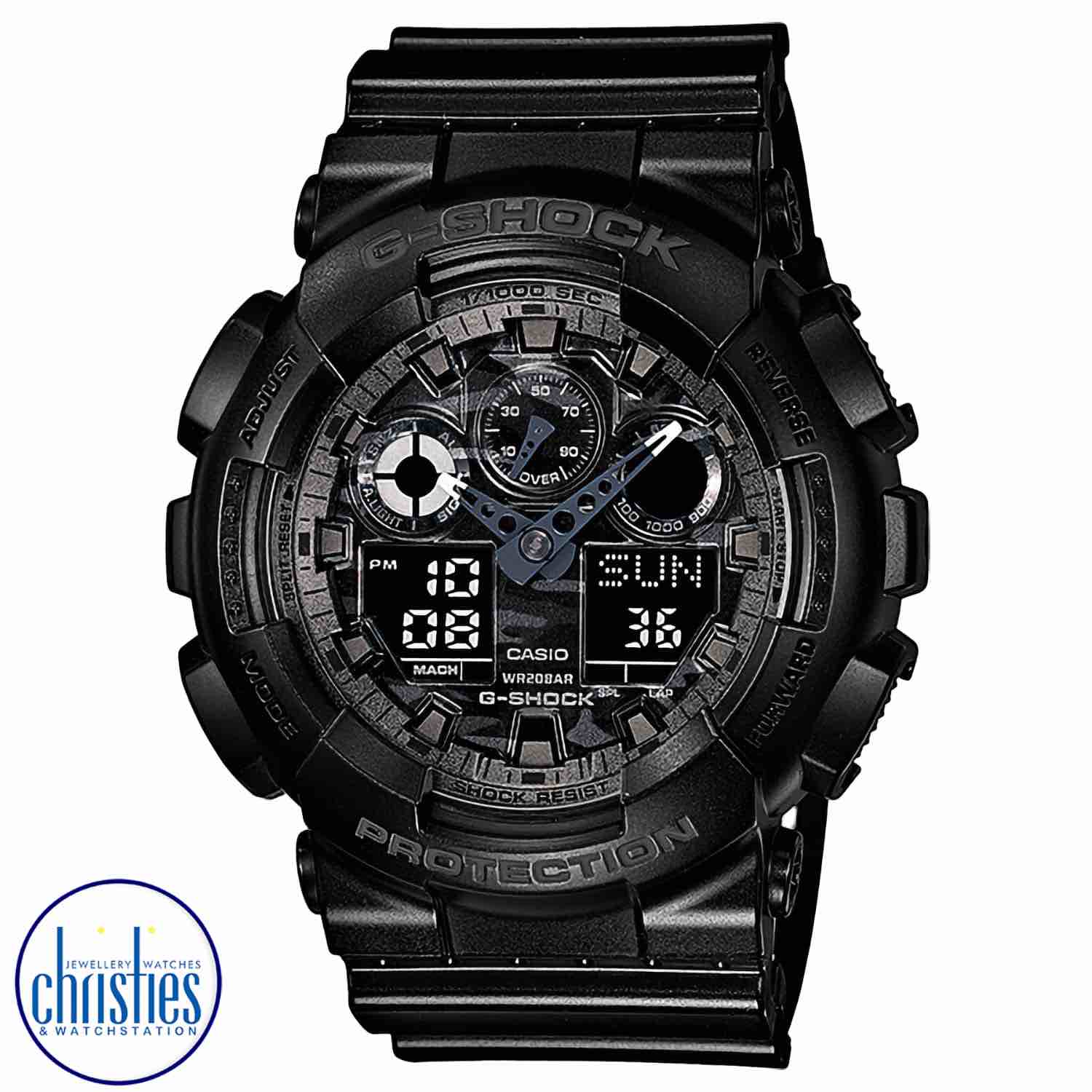 GA100CF-1A G-Shock. From the popular big, bold GA-100 Series comes a new collection of models that feature a camouflage pattern face. Basic black or gray coloring is offset by the metallic camouflage pattern of the face, which is further ac @christies.onl