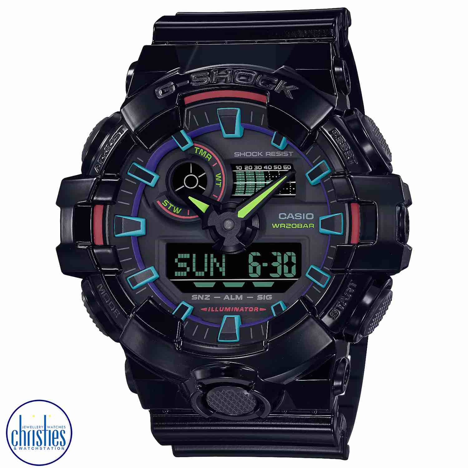 Christies Jewellery - GA700RGB-1A Casio G-SHOCK Virtual Rainbow Series Watch GA700RGB-1A Casio G-SHOCK Virtual Rainbow Series Watch. Step into the world of Virtual Rainbow, Where cyber tech and toughness flow, Bold looks in prisms of cool colour, Lighting up the darkness like no other.