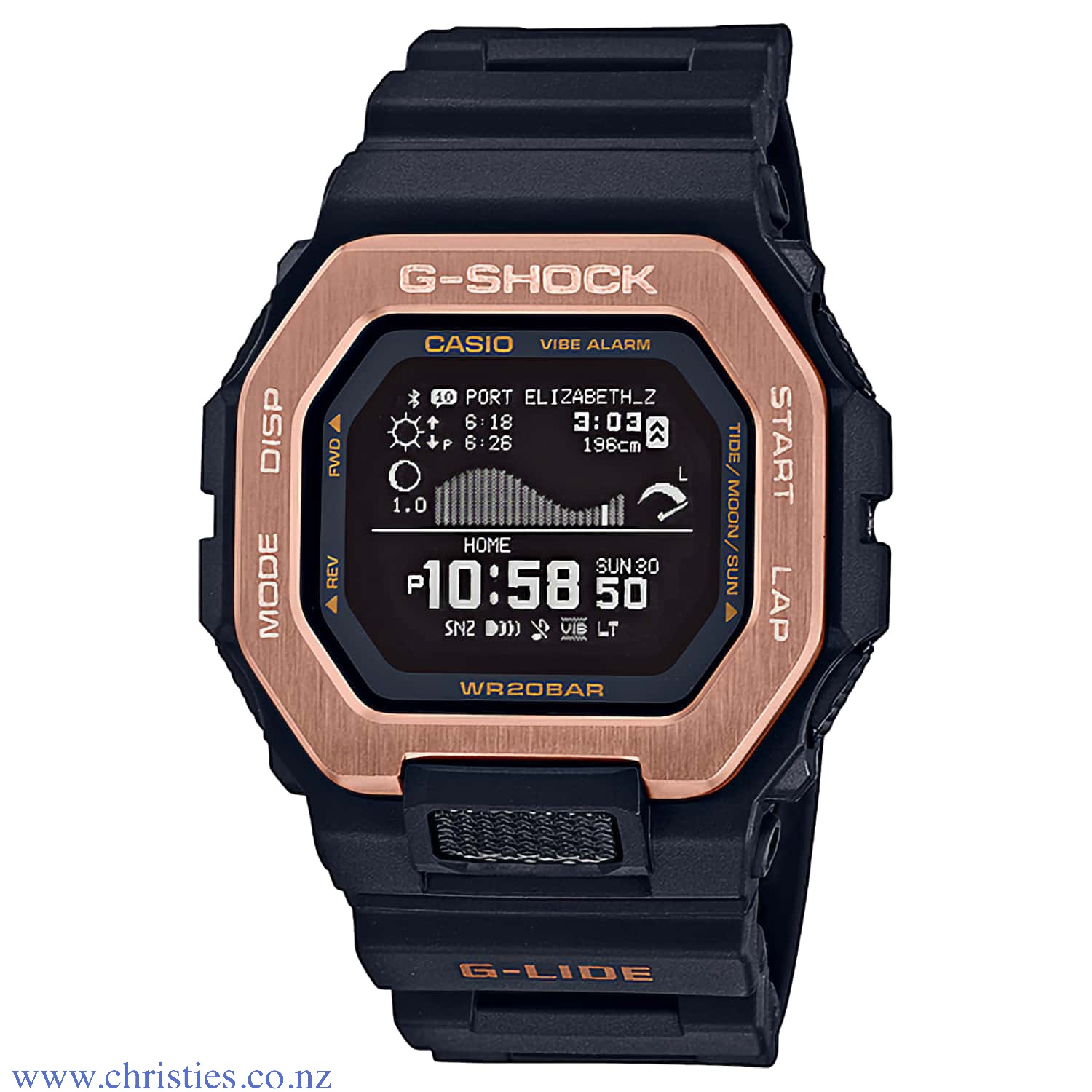 GBX100NS-4 G-Shock G-LIDE Night Surfing Watch. From the G-LIDE Series of G-SHOCK extreme sports watches comes a pair of new models that add night surfing designs to the GBX-100. This new model comes with the ability to display information required by surf