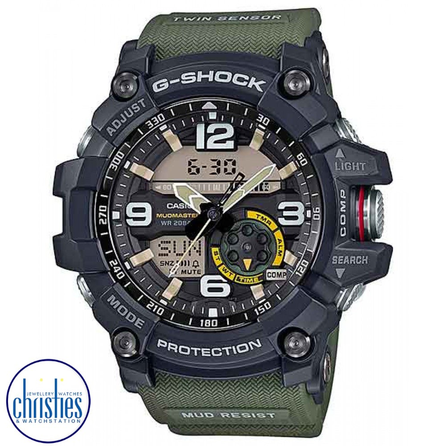 GG1000-1A3 G-Shock MUDMASTER Twin Sensor. This is the latest new addition to the MASTER OF G MUDMASTER Series, now available instore and online at Christies, was created especially for this whose work takes it into areas where piles of rubble, dirt, and d