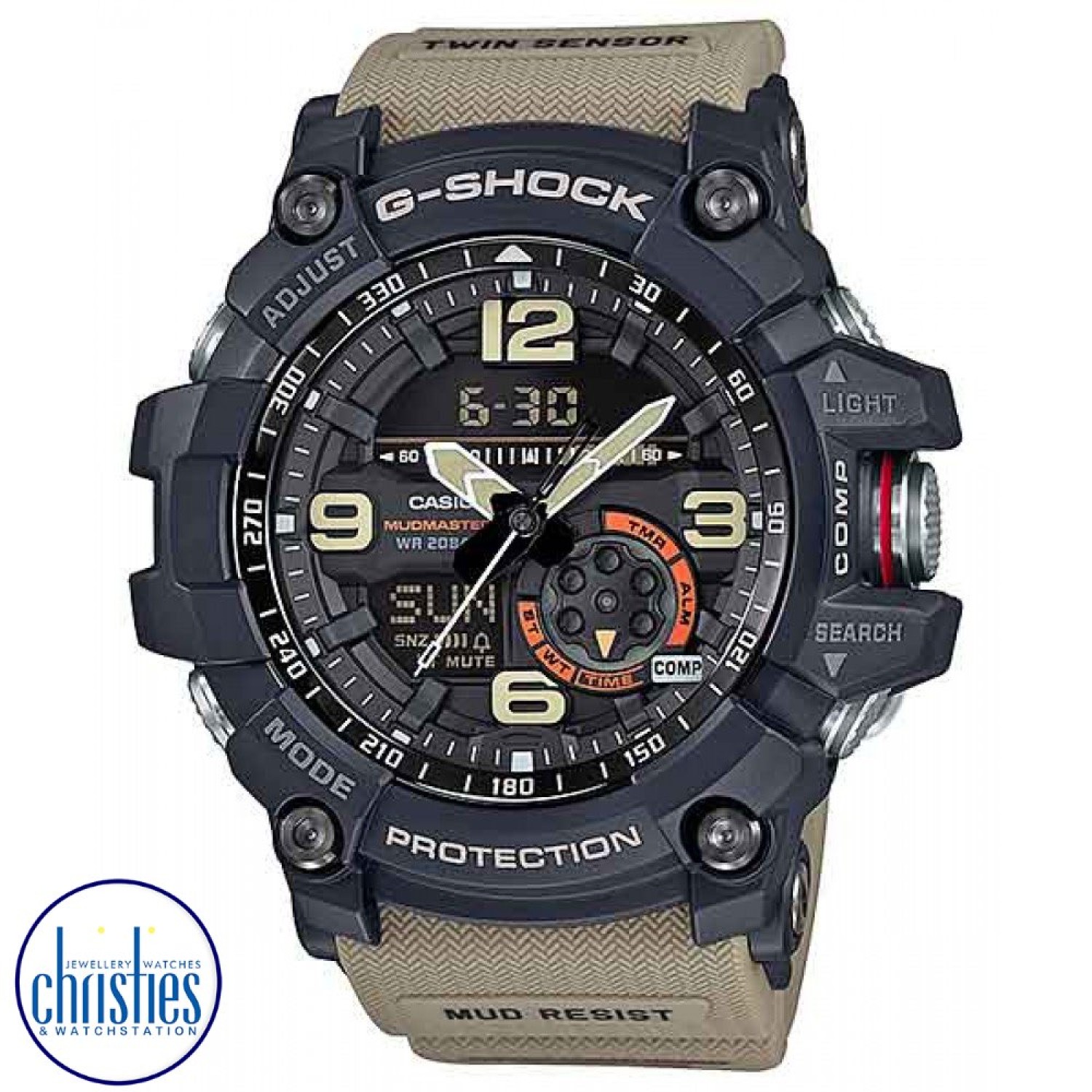 GG1000-1A5 G-Shock MUDMASTER Twin Sensor. This is the latest new addition to the MASTER OF G MUDMASTER Series, now available instore and online at Christies, was created especially for this whose work takes it into areas where piles of rubble, dirt, and d