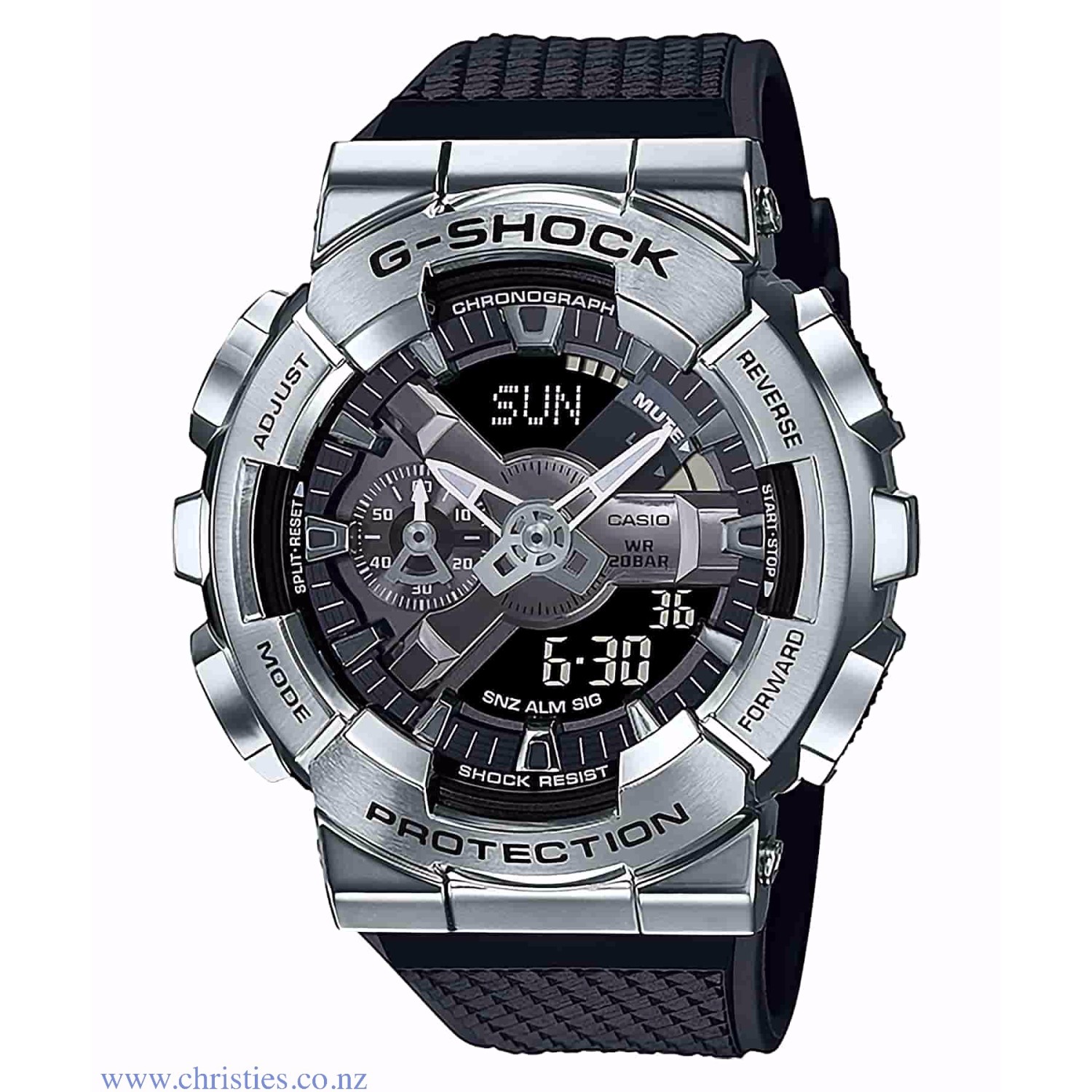 GM110-1A Casio G-Shock Stainless Steel Bezel Watch. Fresh new colour, material and finishing, with the design identity of the GA-110 fully intact. Born of a new vision to combine industrial and street sensibilities, the GM-110 hits the scene, clad in meta