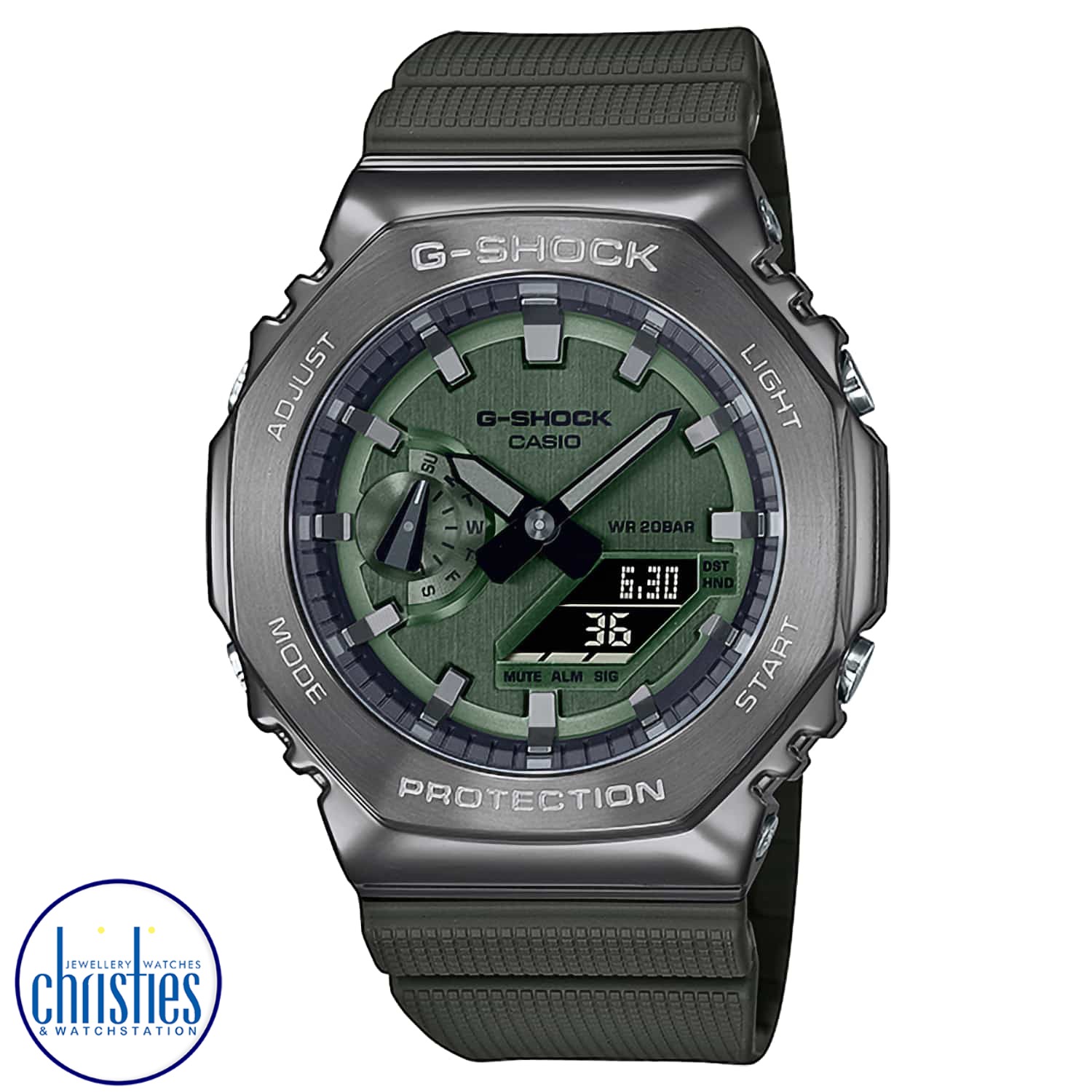 GM2100B-3A G-SHOCK Carbon Core Metal Clad Watch. Go sleek, sharp and bold with a G-SHOCK standard-bearer in a metal-clad octagonal take on the original iconic design. Forged in stainless steel with rounded hairline finish, the strong bezel says super styl